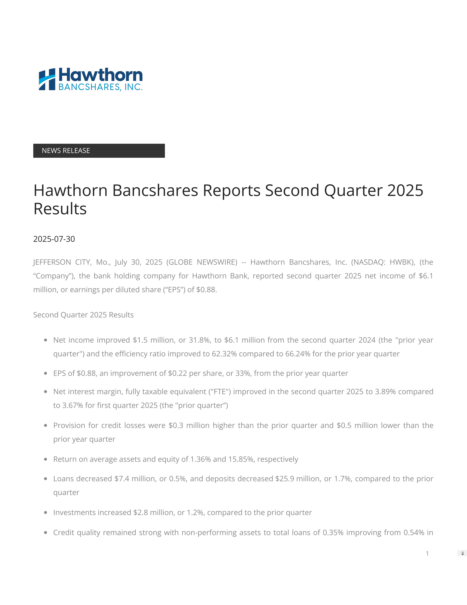 Hawthorn Bancshares' Q2 2025 Press Release