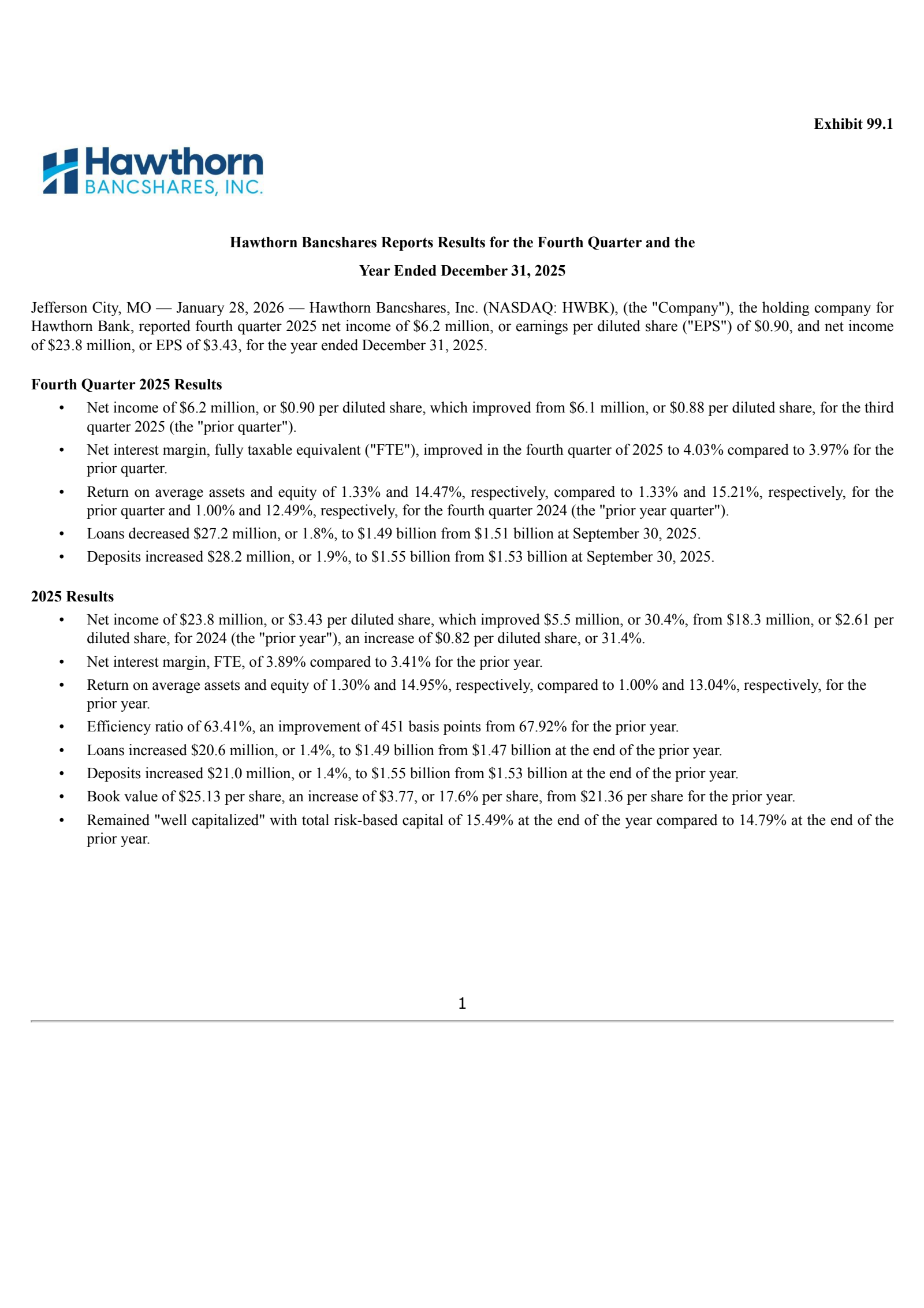 Hawthorn Bancshares' Q4 2025 Press Release
