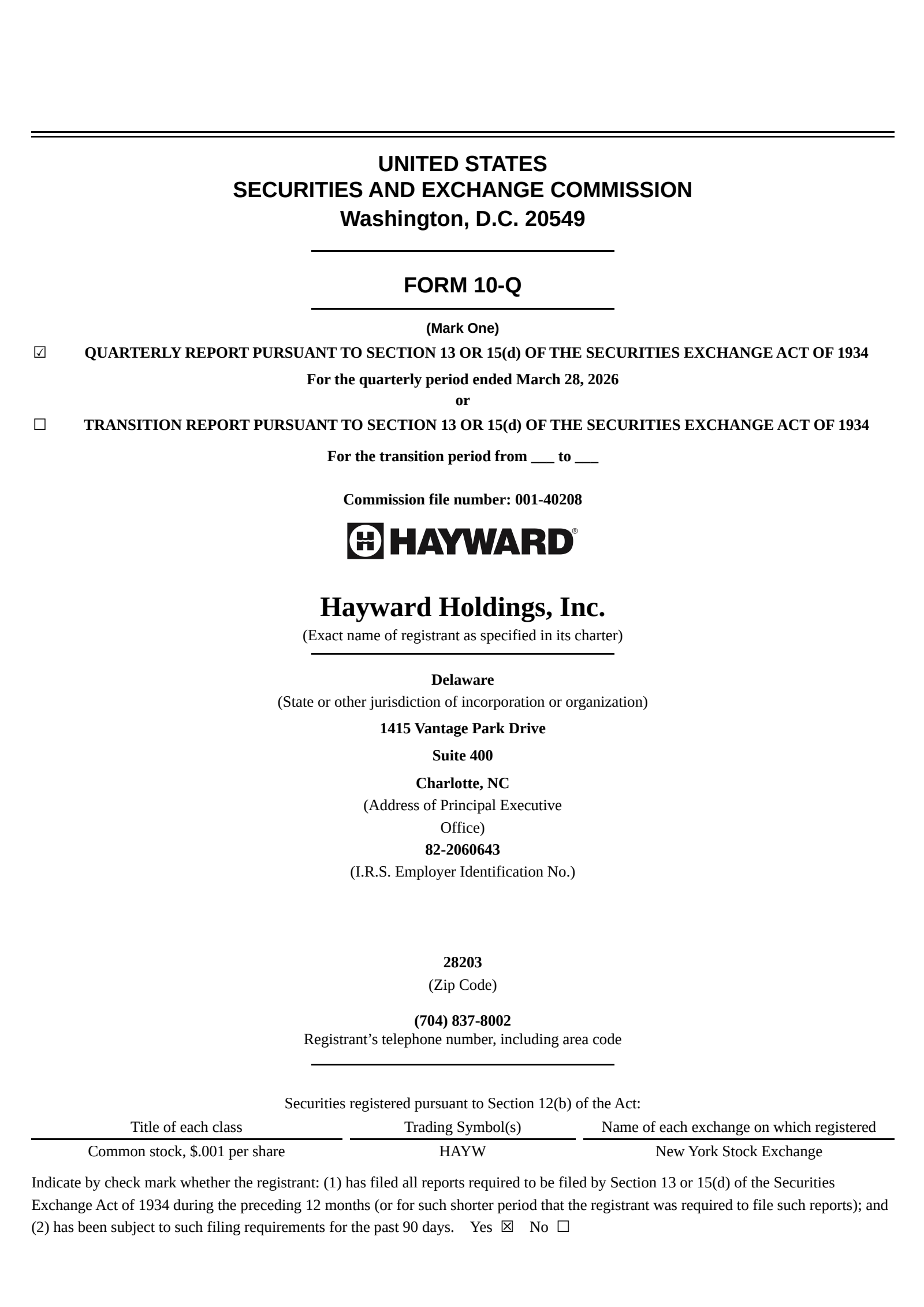 Hayward's Q1 2026 Quarterly report