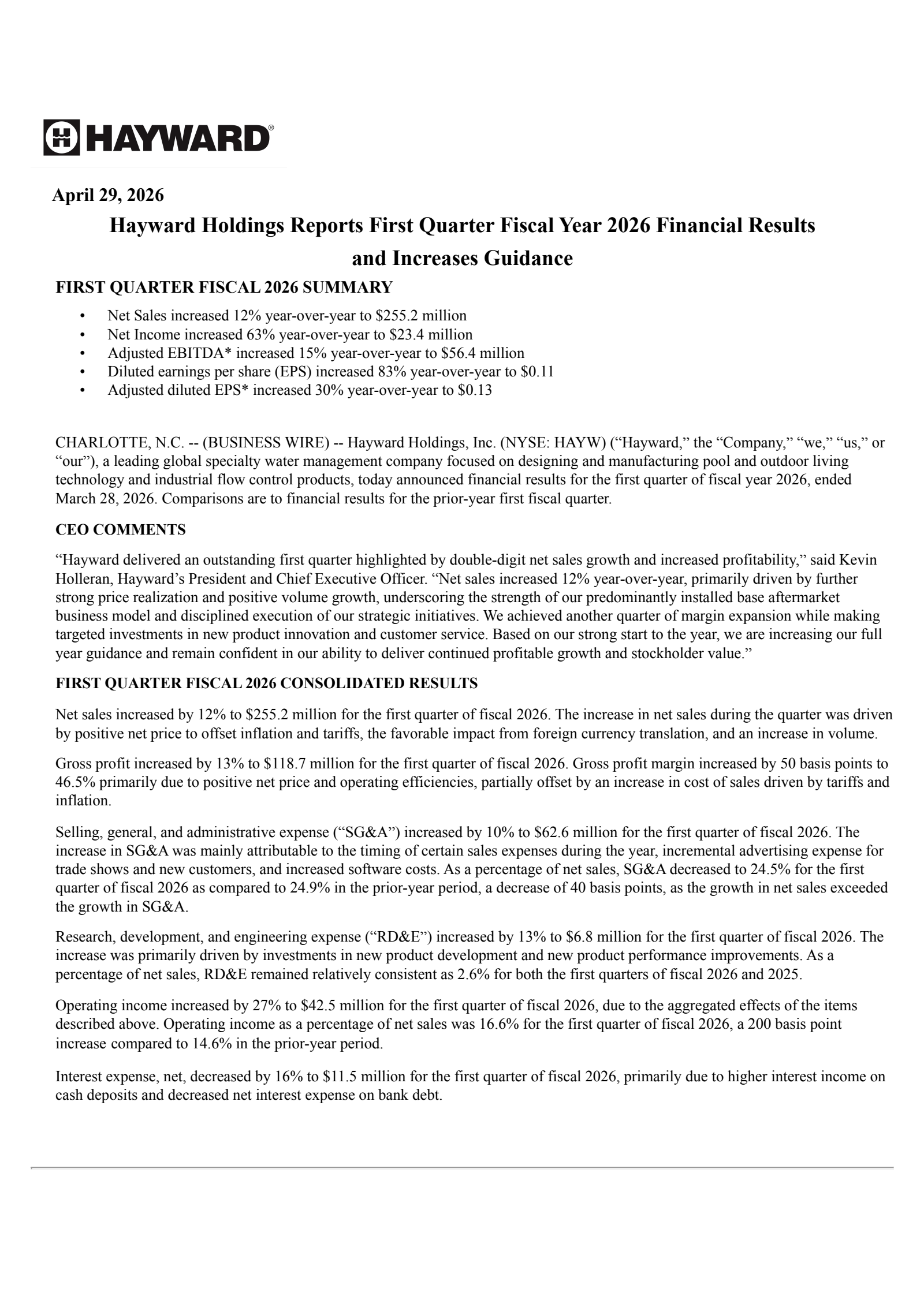 Hayward's Q1 2026 Press Release