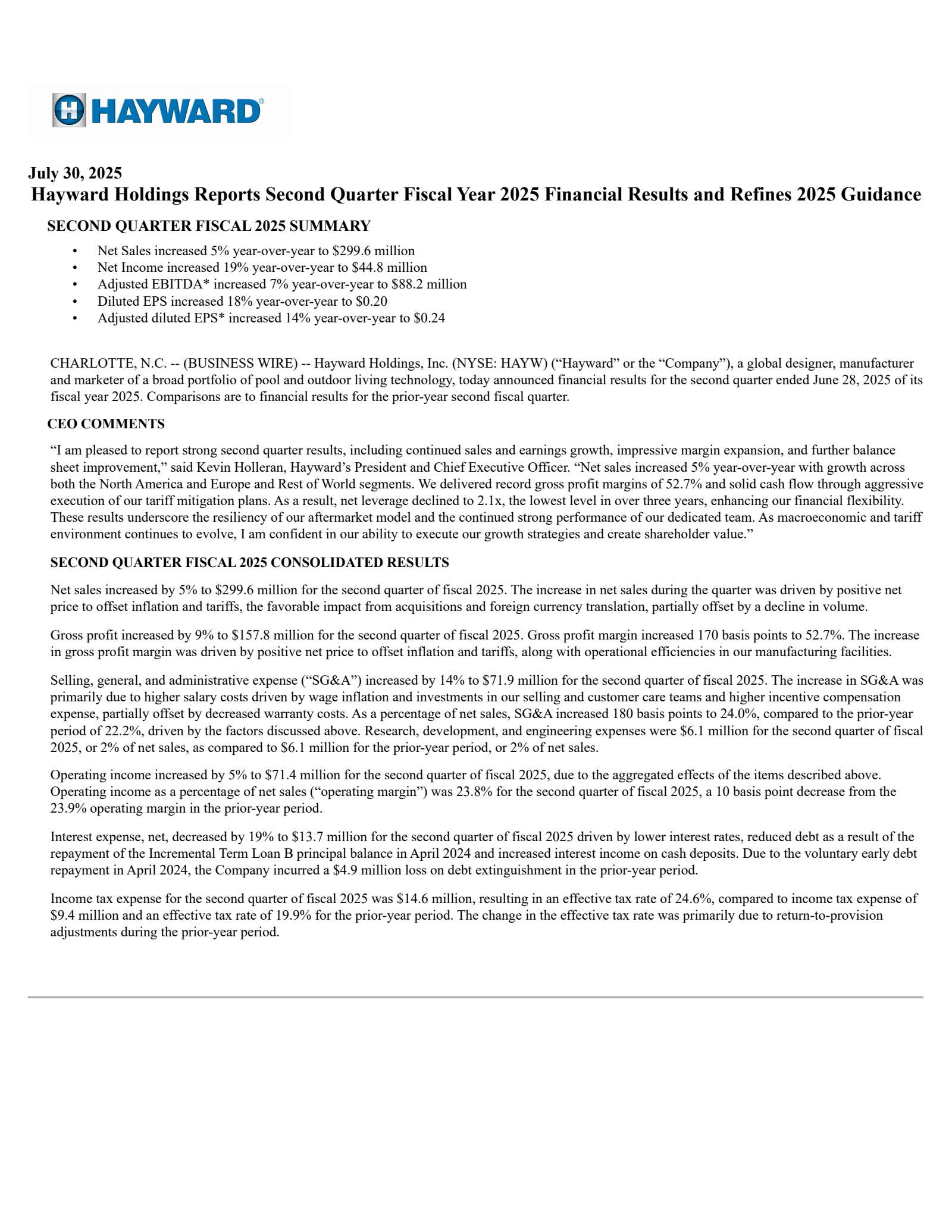 Hayward's Q2 2025 Press Release