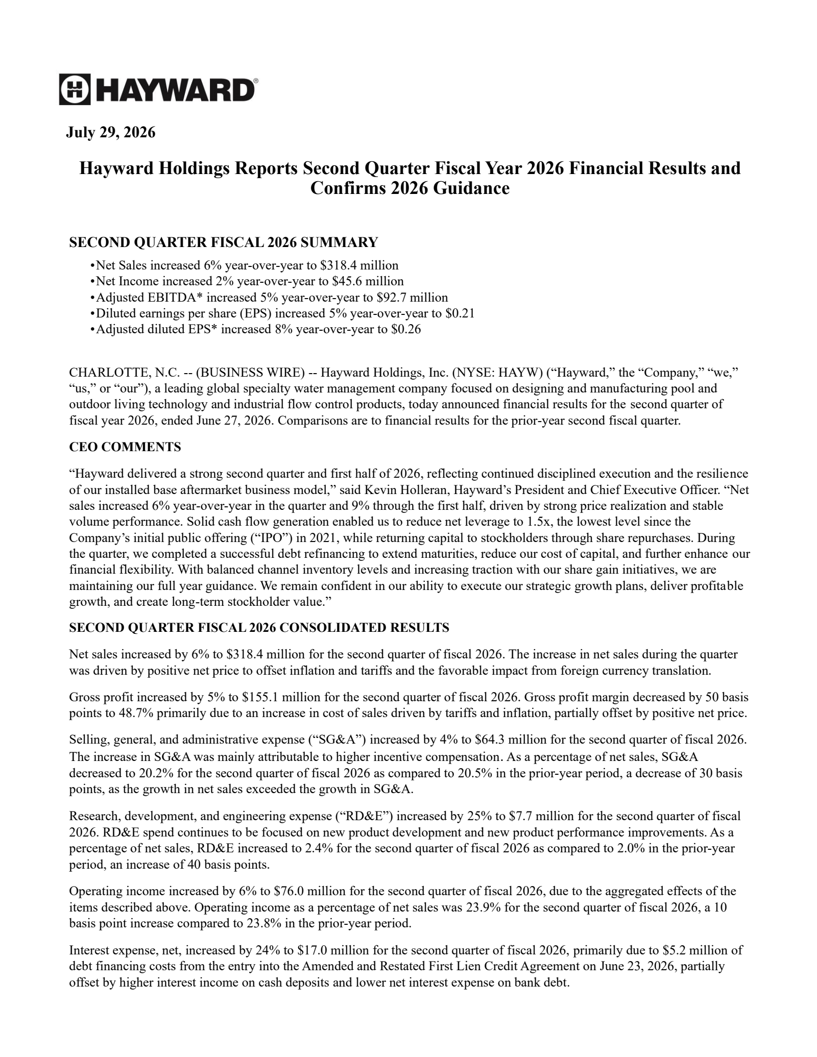 Hayward's Q2 2026 Press Release