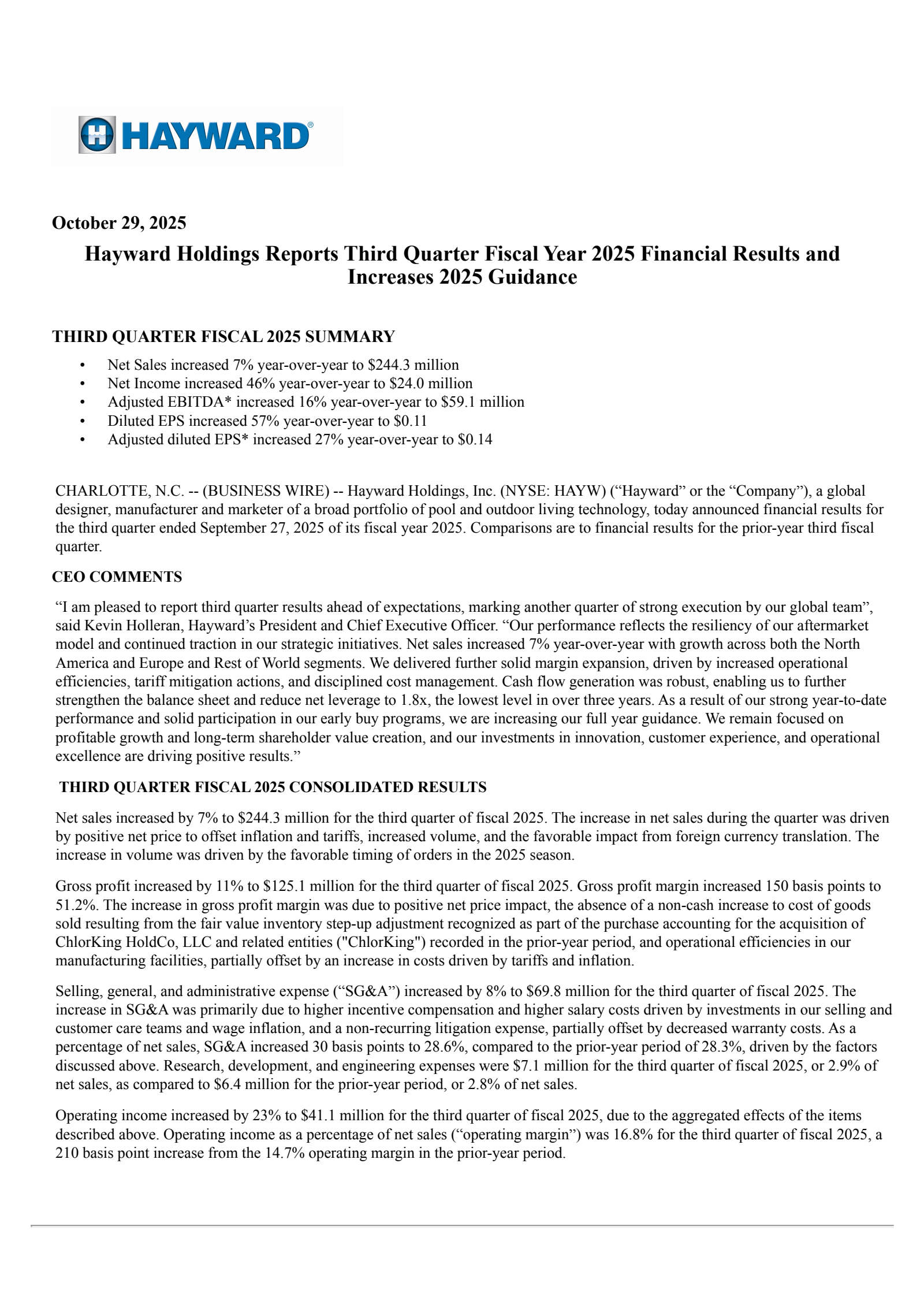 Hayward's Q3 2025 Earnings Release