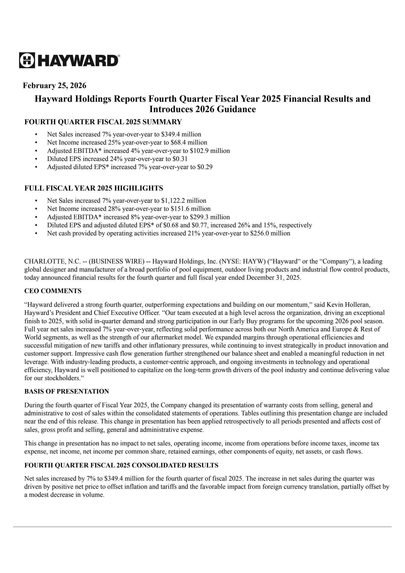 Hayward's Q4 2025 Press Release