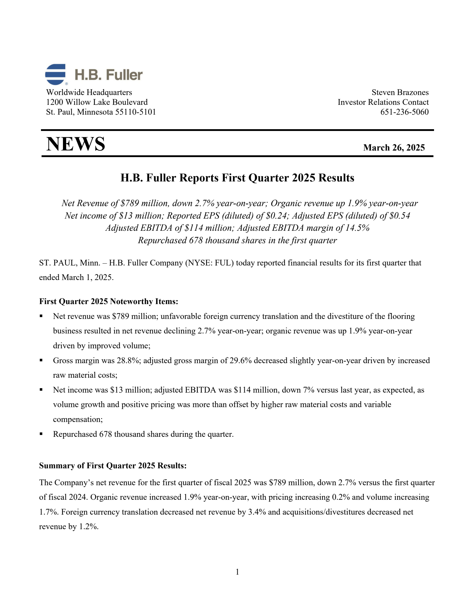H.B. Fuller's Q1 2025 Press Release