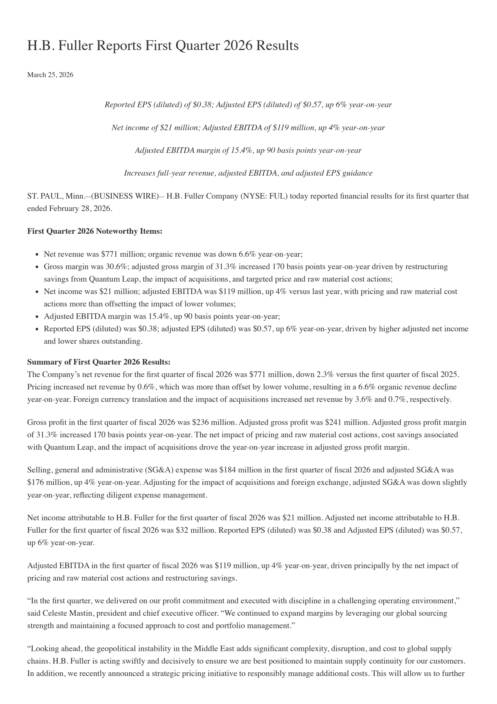H. B. Fuller's Q1 2026 Press Release