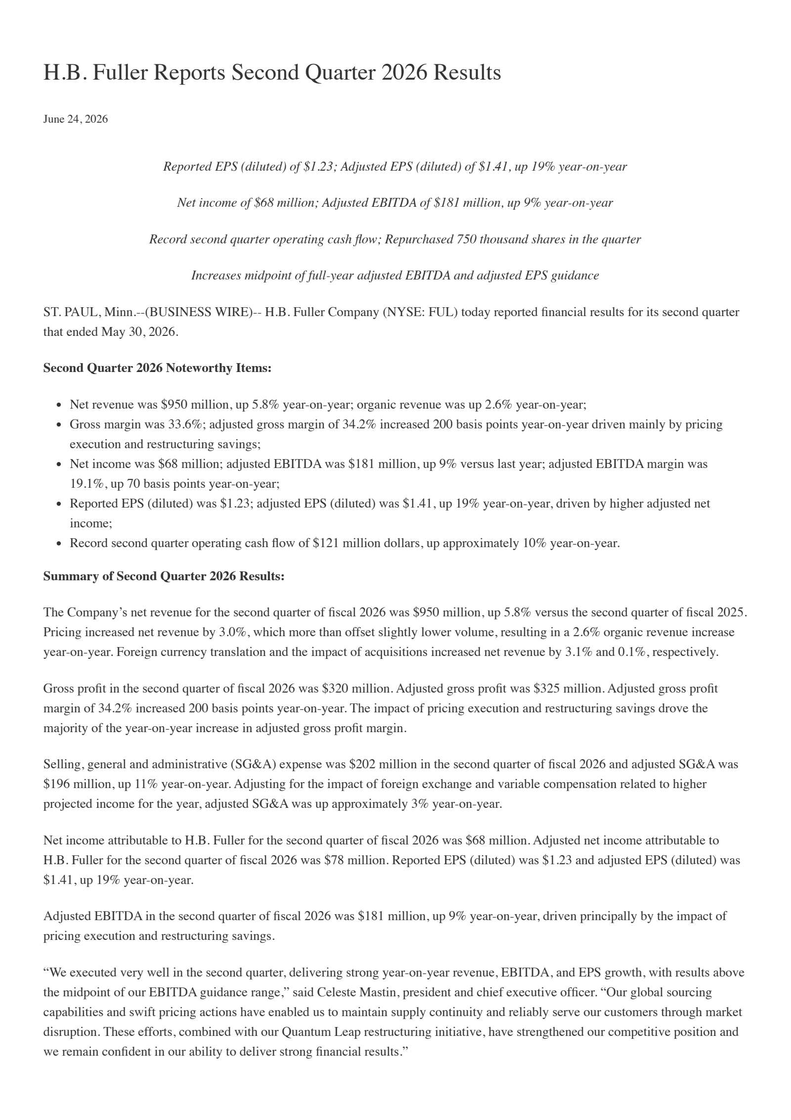 H. B. Fuller's Q2 2026 Press Release
