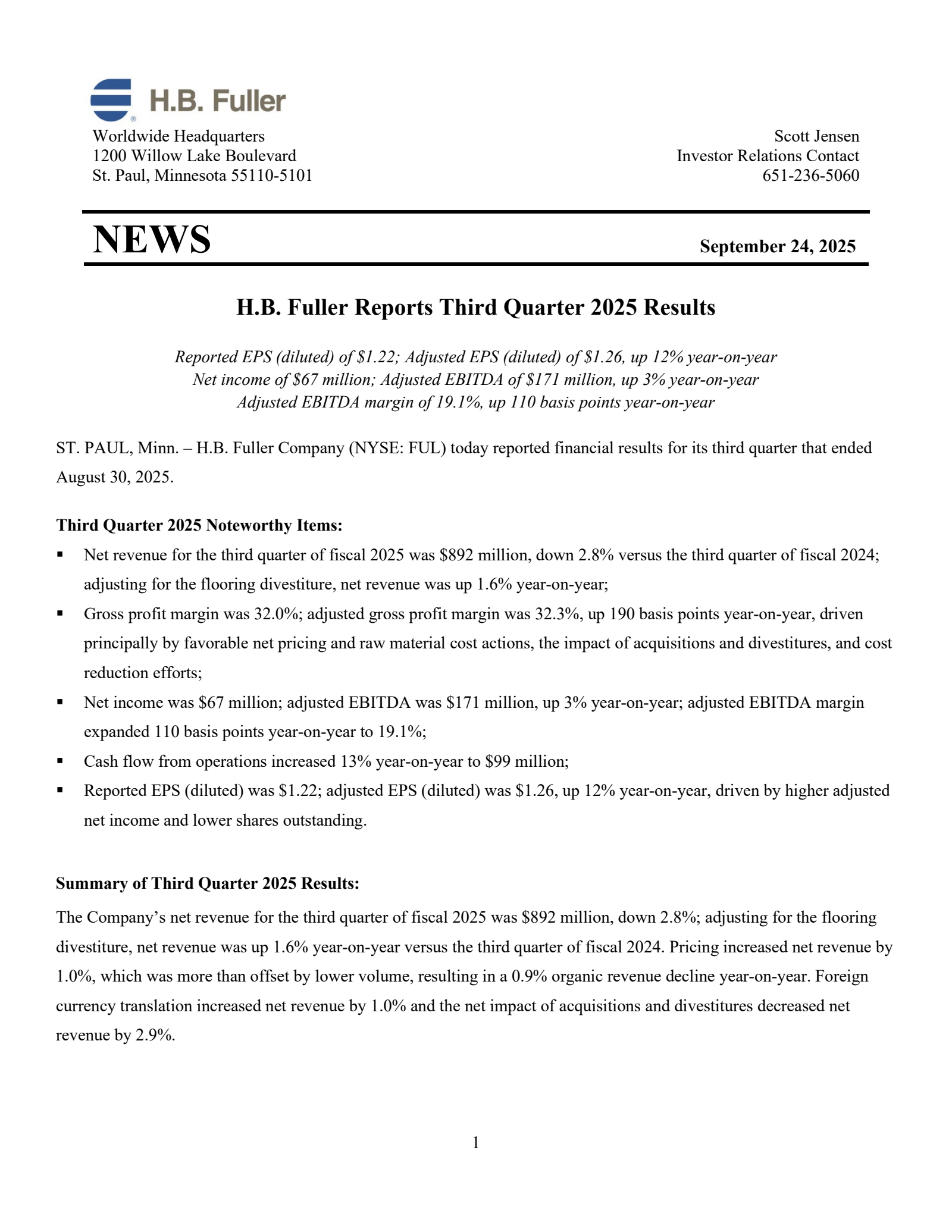 H. B. Fuller's Q3 2025 Earnings Release