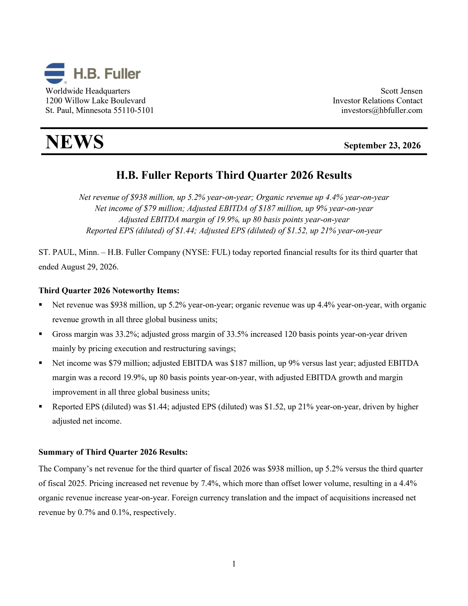 H. B. Fuller's Q3 2026 Press Release