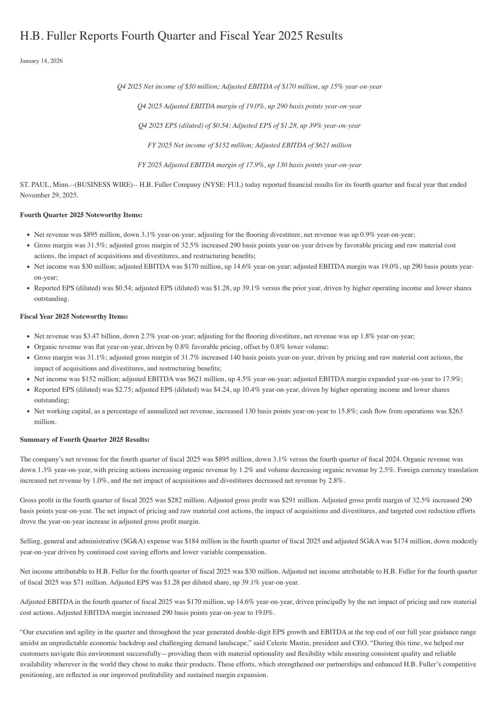 H. B. Fuller's Q4 2025 Press Release