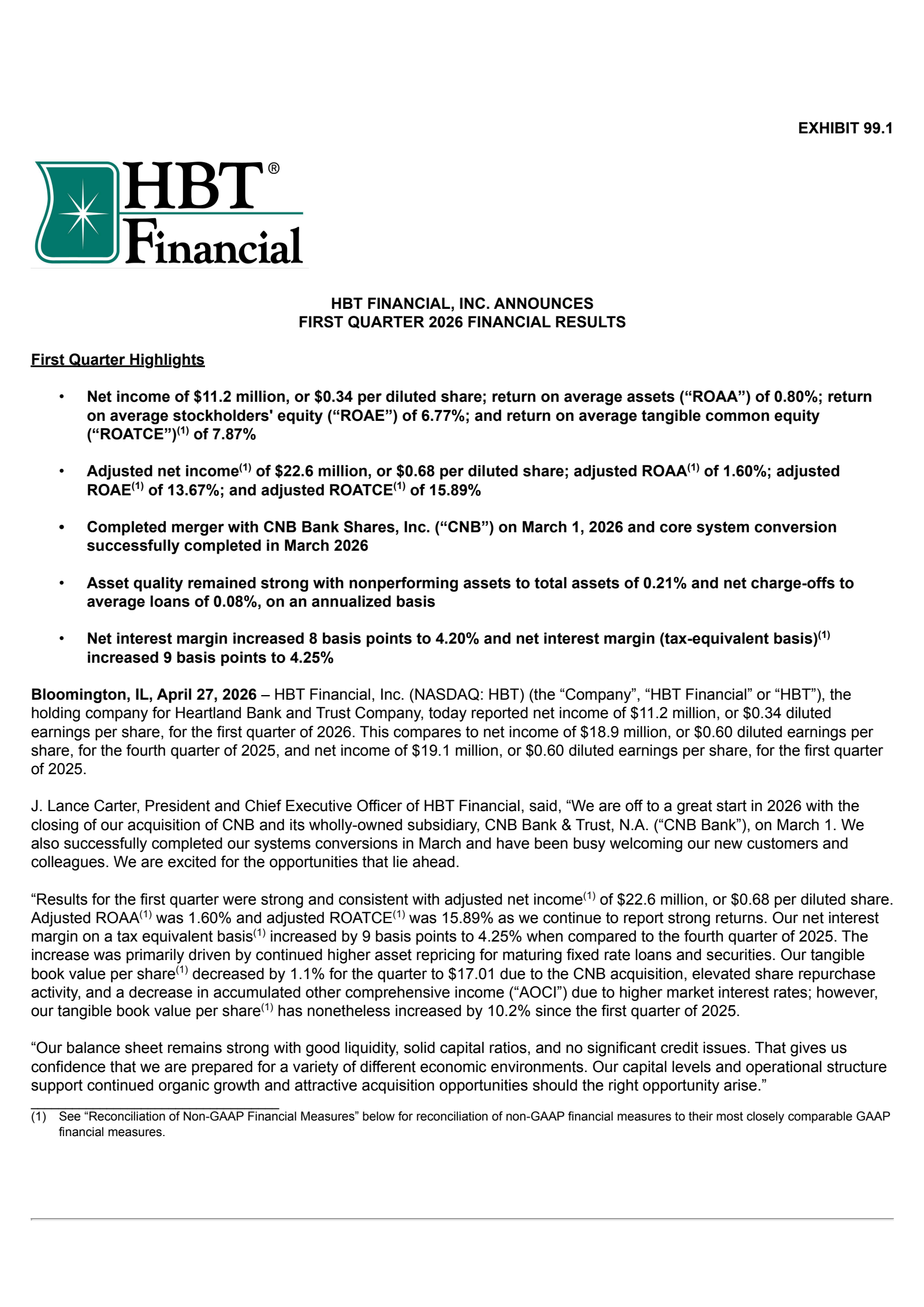 HBT Financial's Q1 2026 Press Release