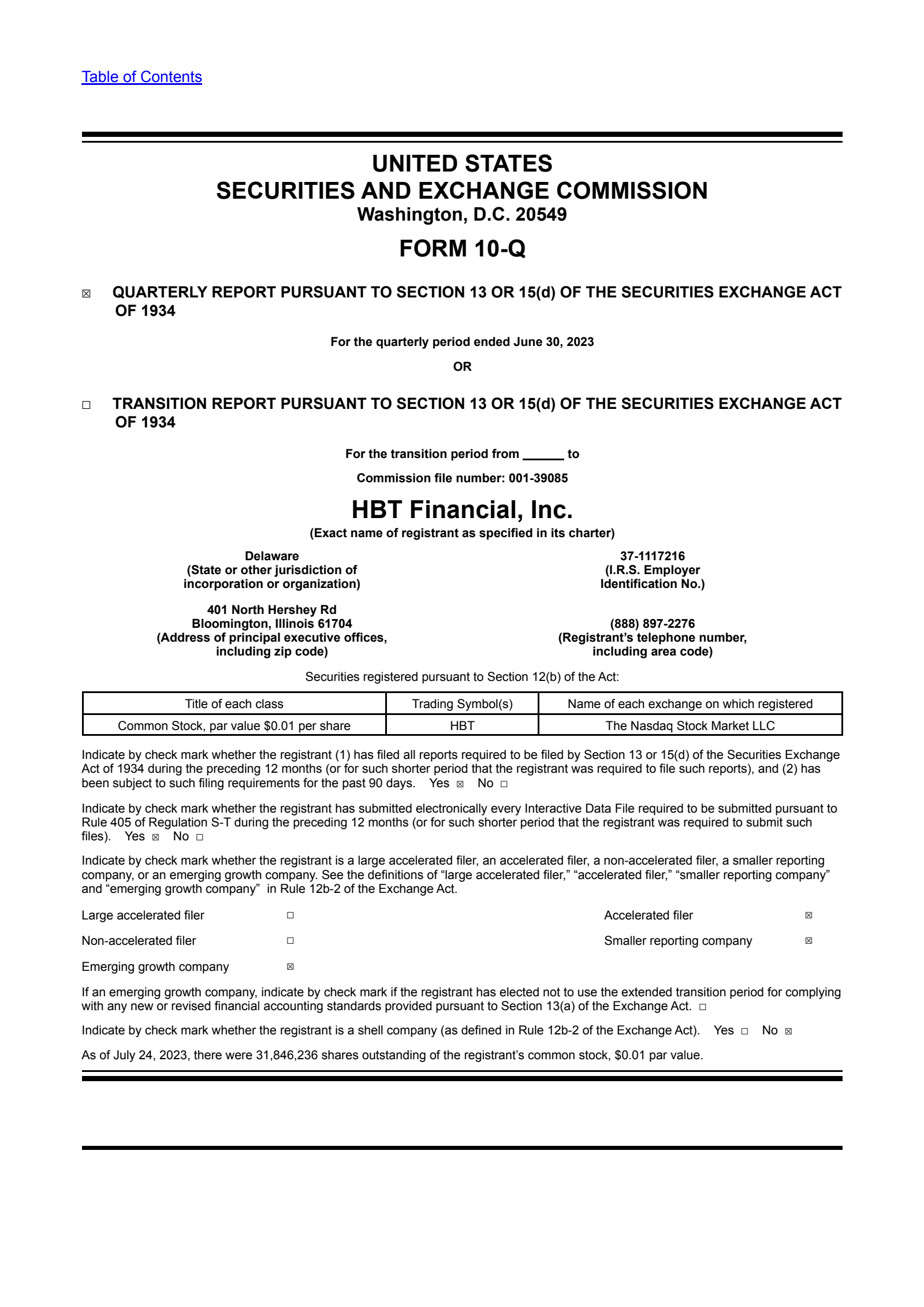 HBT Financial's Q2 2023 Quarterly report