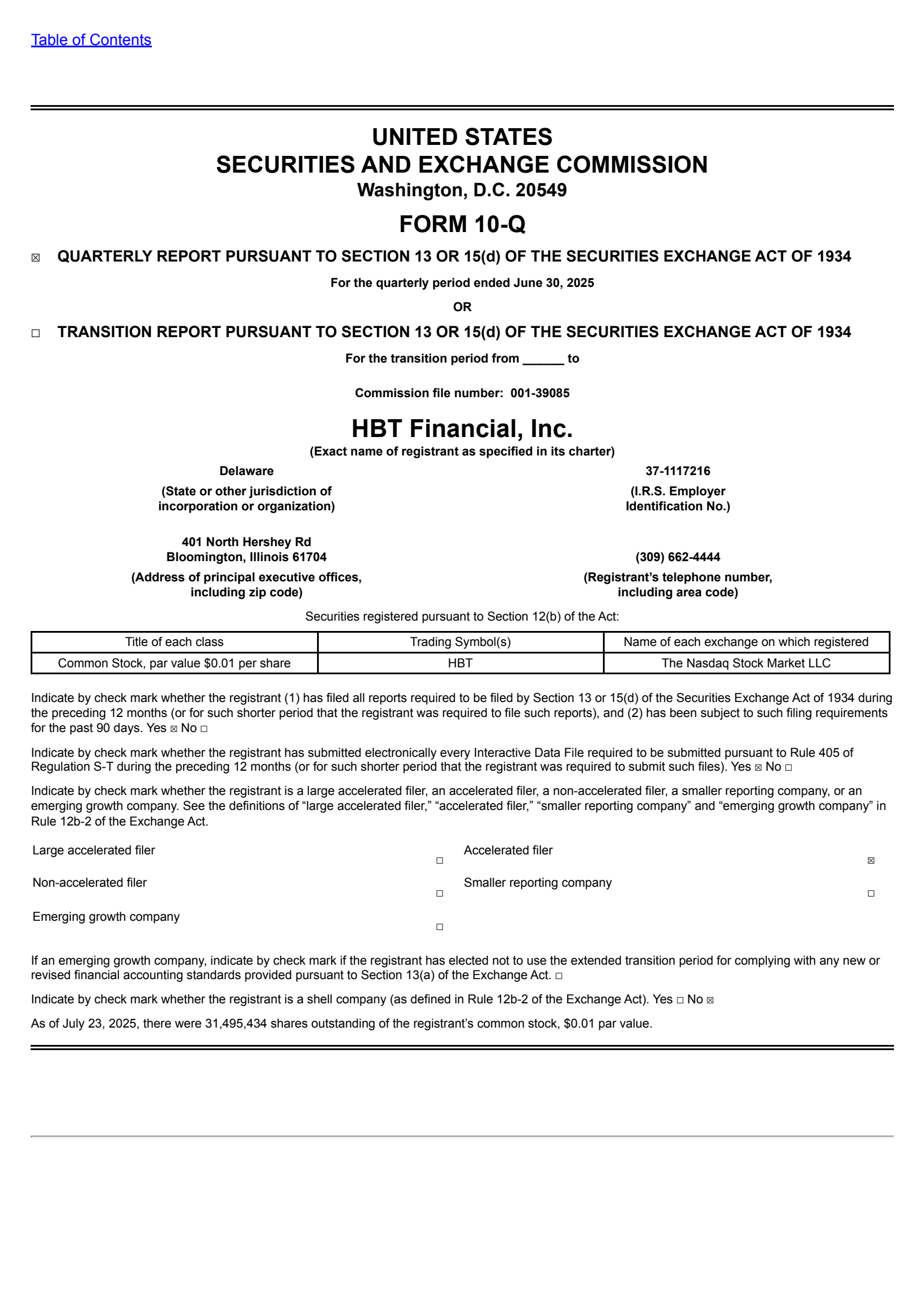 HBT Financial's Q2 2025 Quarterly report