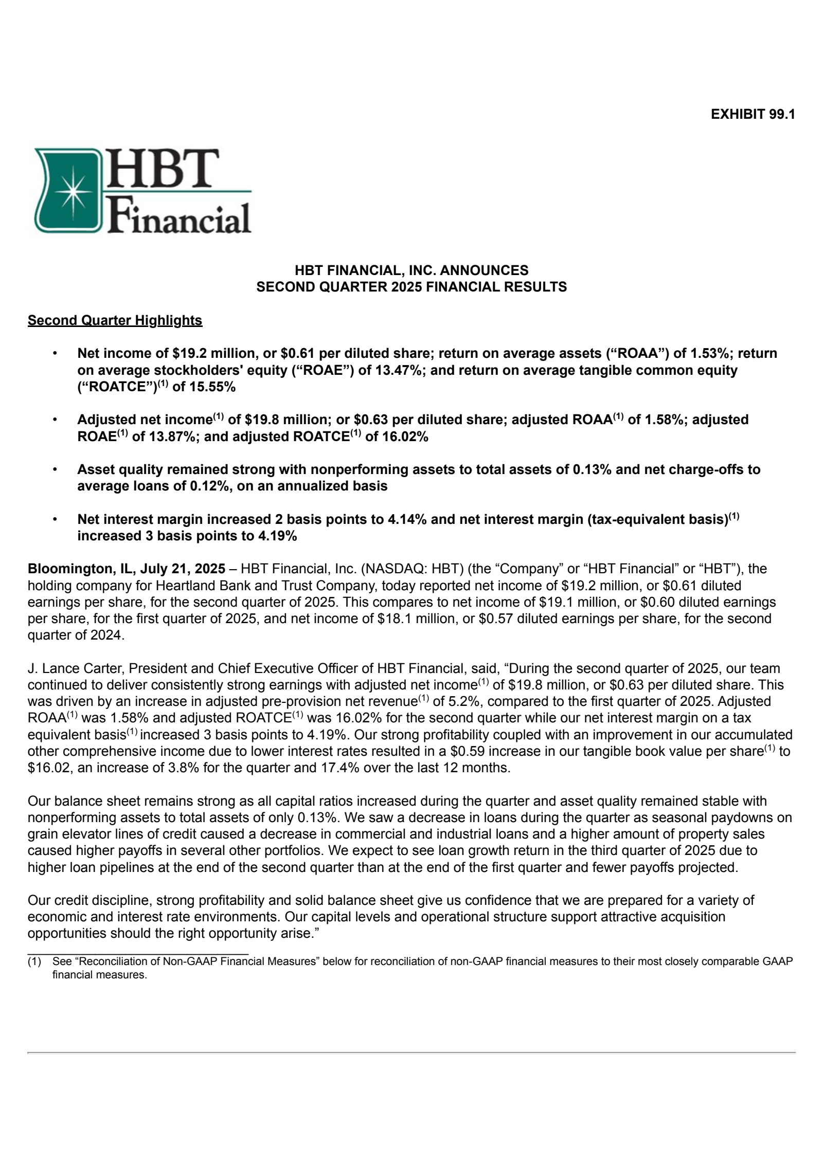 HBT Financial's Q2 2025 Press Release