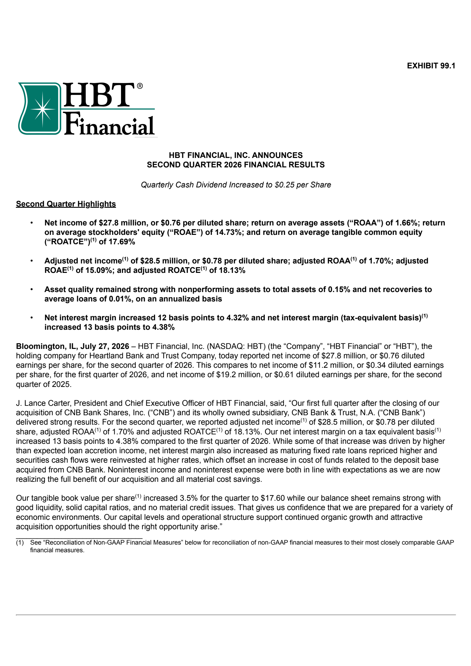 HBT Financial's Q2 2026 Press Release