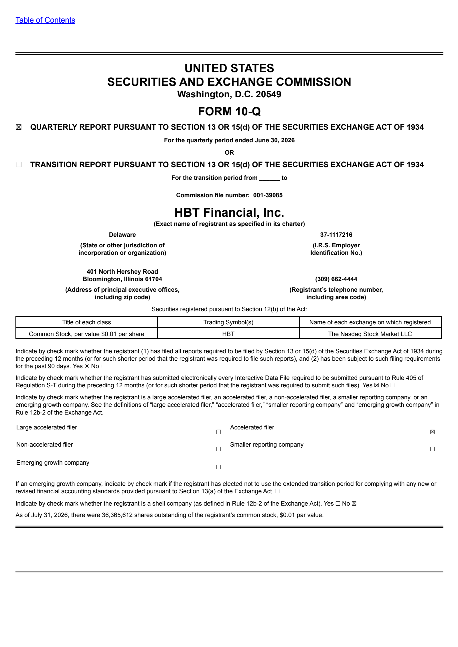 HBT Financial's Q2 2026 Quarterly report