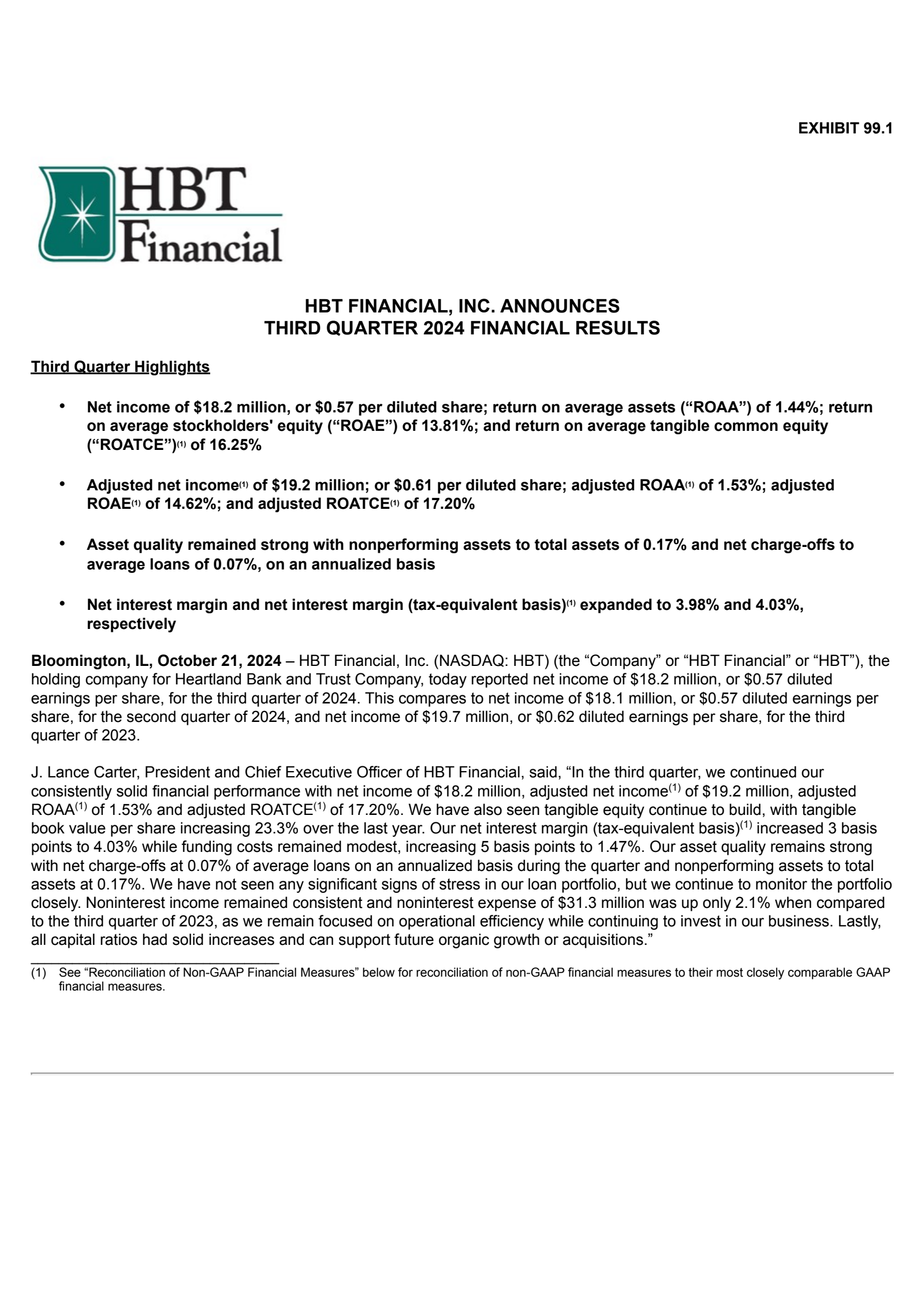 HBT Financial's Q3 2024 Press Release