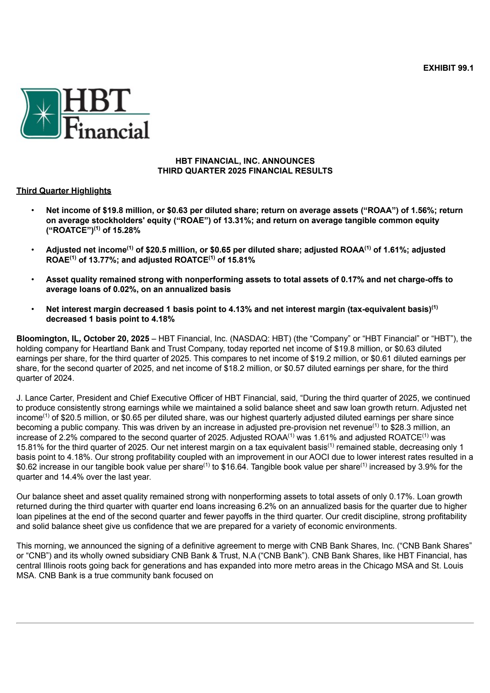HBT Financial's Q3 2025 Earnings Release