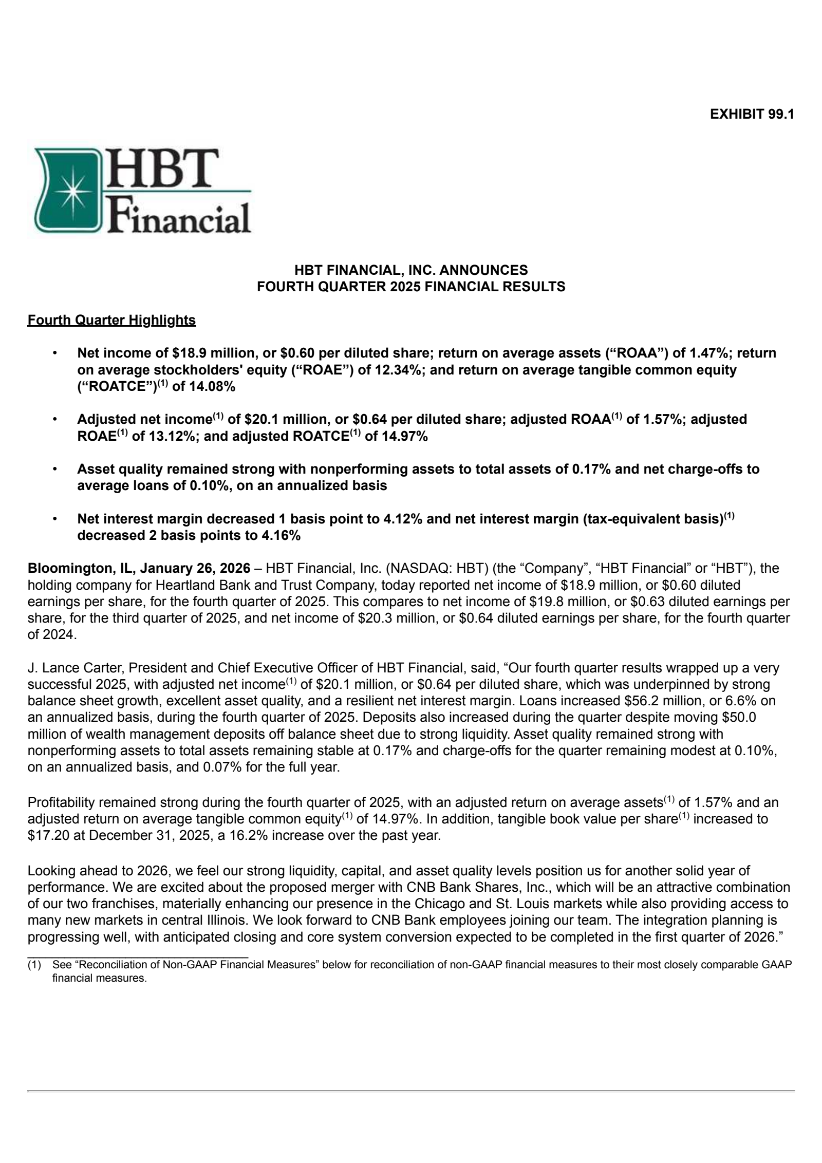 HBT Financial's Q4 2025 Press Release