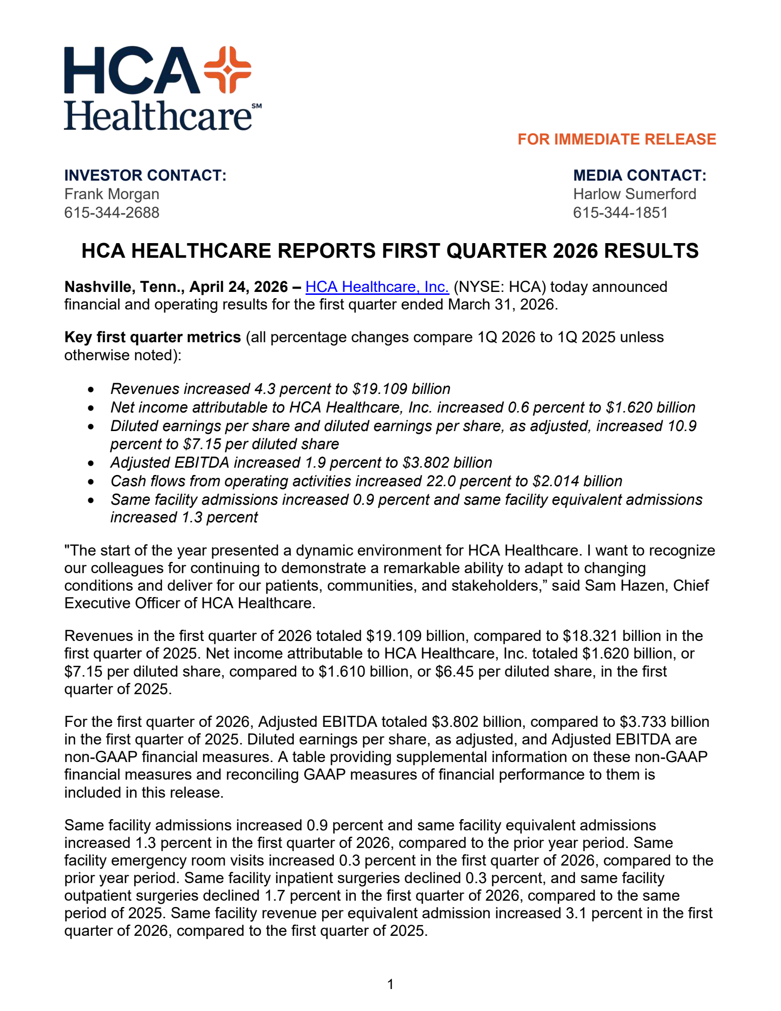 HCA Healthcare's Q1 2026 Press Release