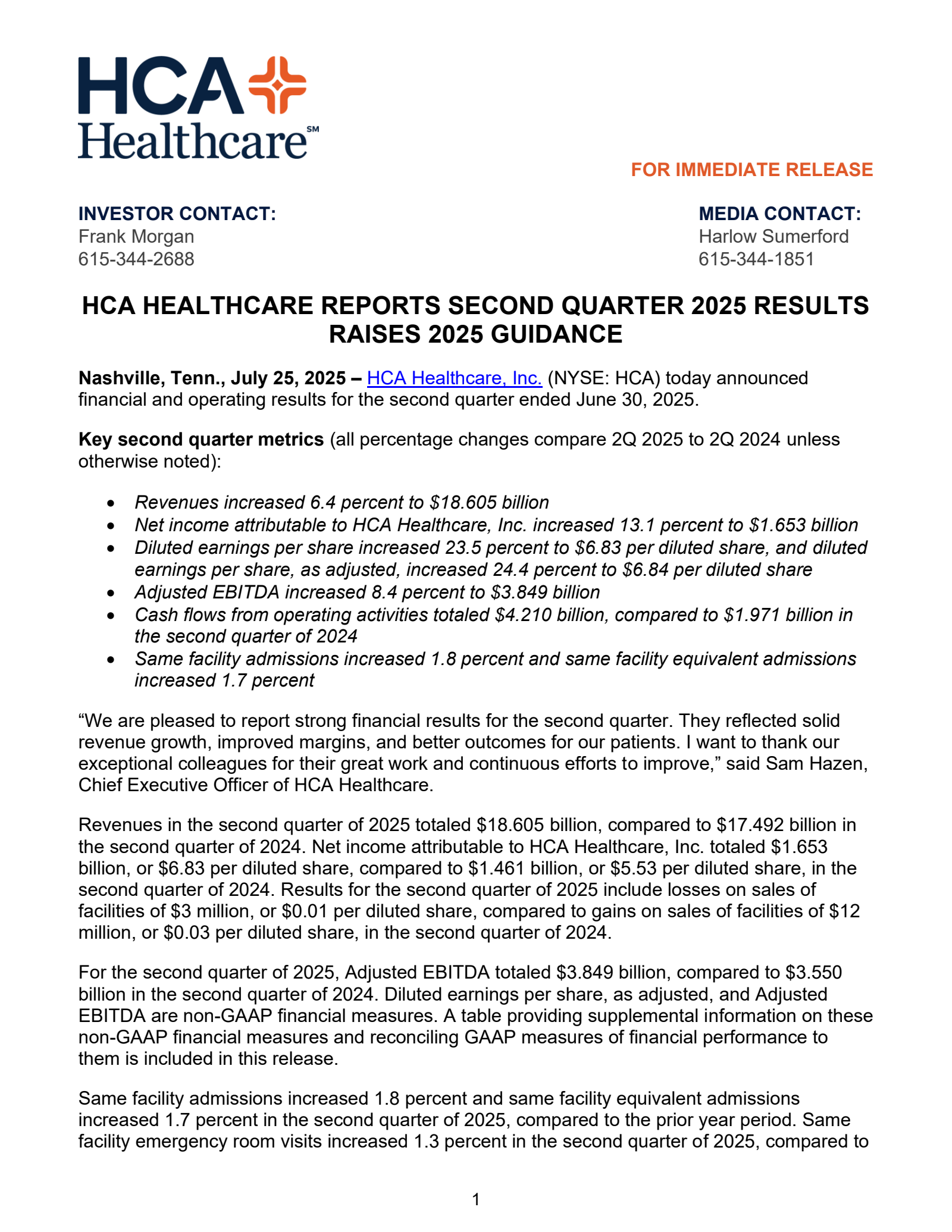 HCA Healthcare's Q2 2025 Press Release