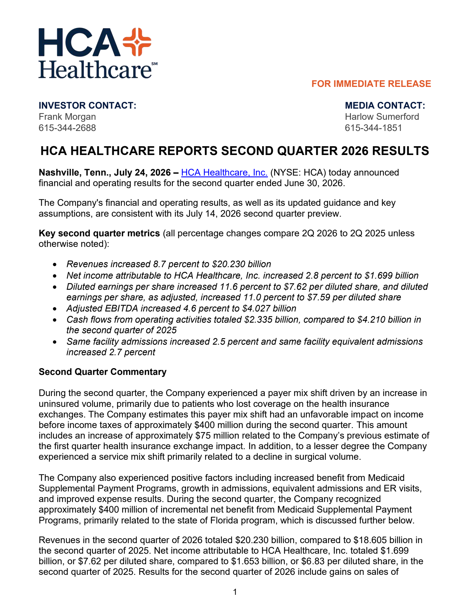 HCA Healthcare's Q2 2026 Press Release