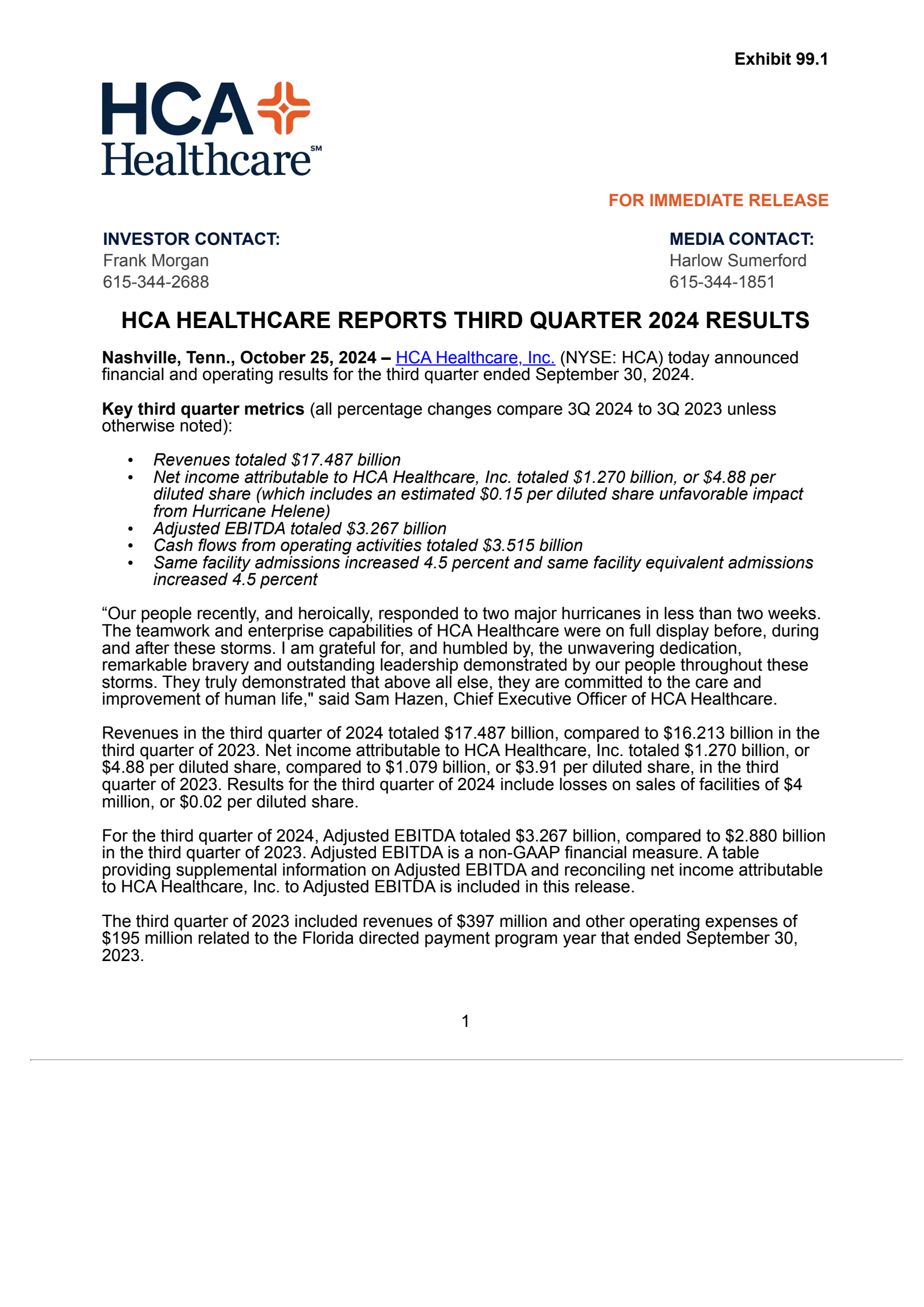 HCA Healthcare's Q3 2024 Press Release