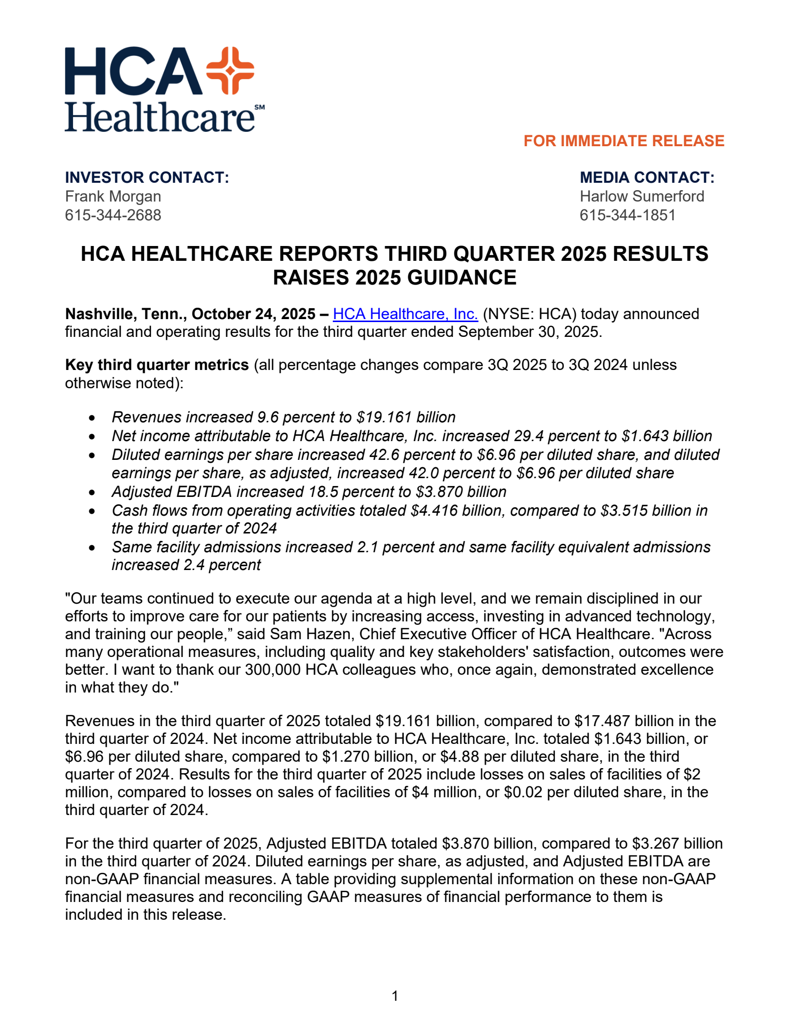 HCA Healthcare's Q3 2025 Earnings Release