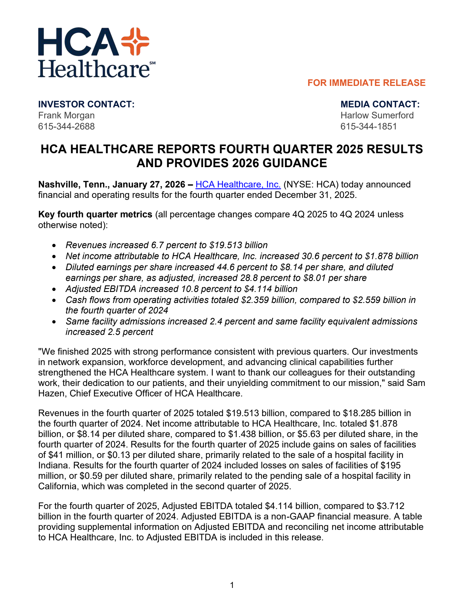 HCA Healthcare's Q4 2025 Press Release