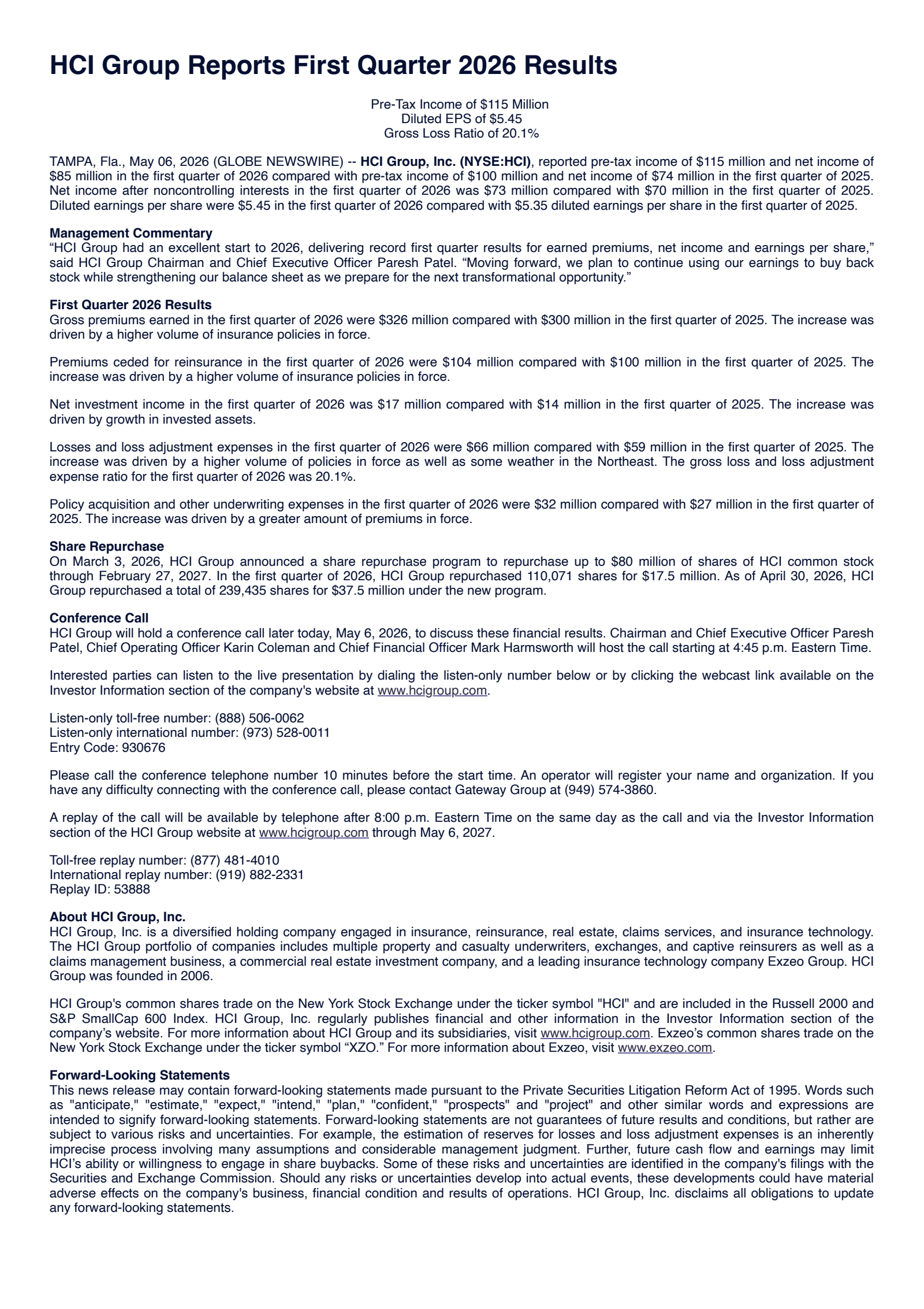HCI Group's Q1 2026 Press Release