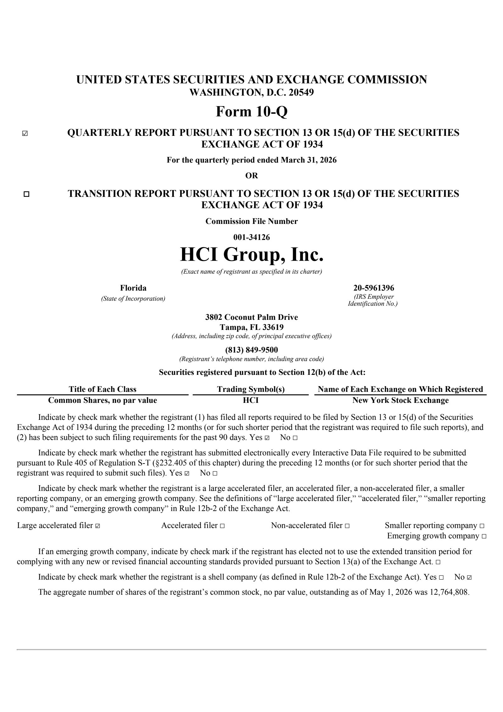 HCI Group's Q1 2026 Quarterly report