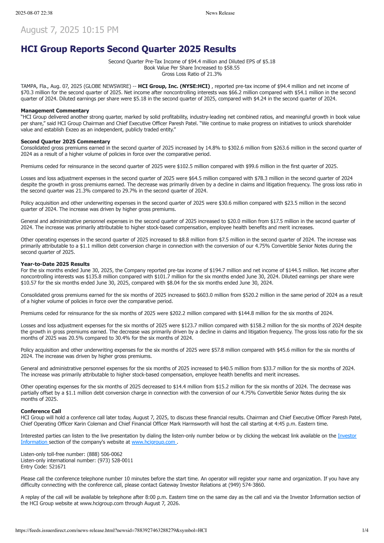 HCI Group's Q2 2025 Press Release