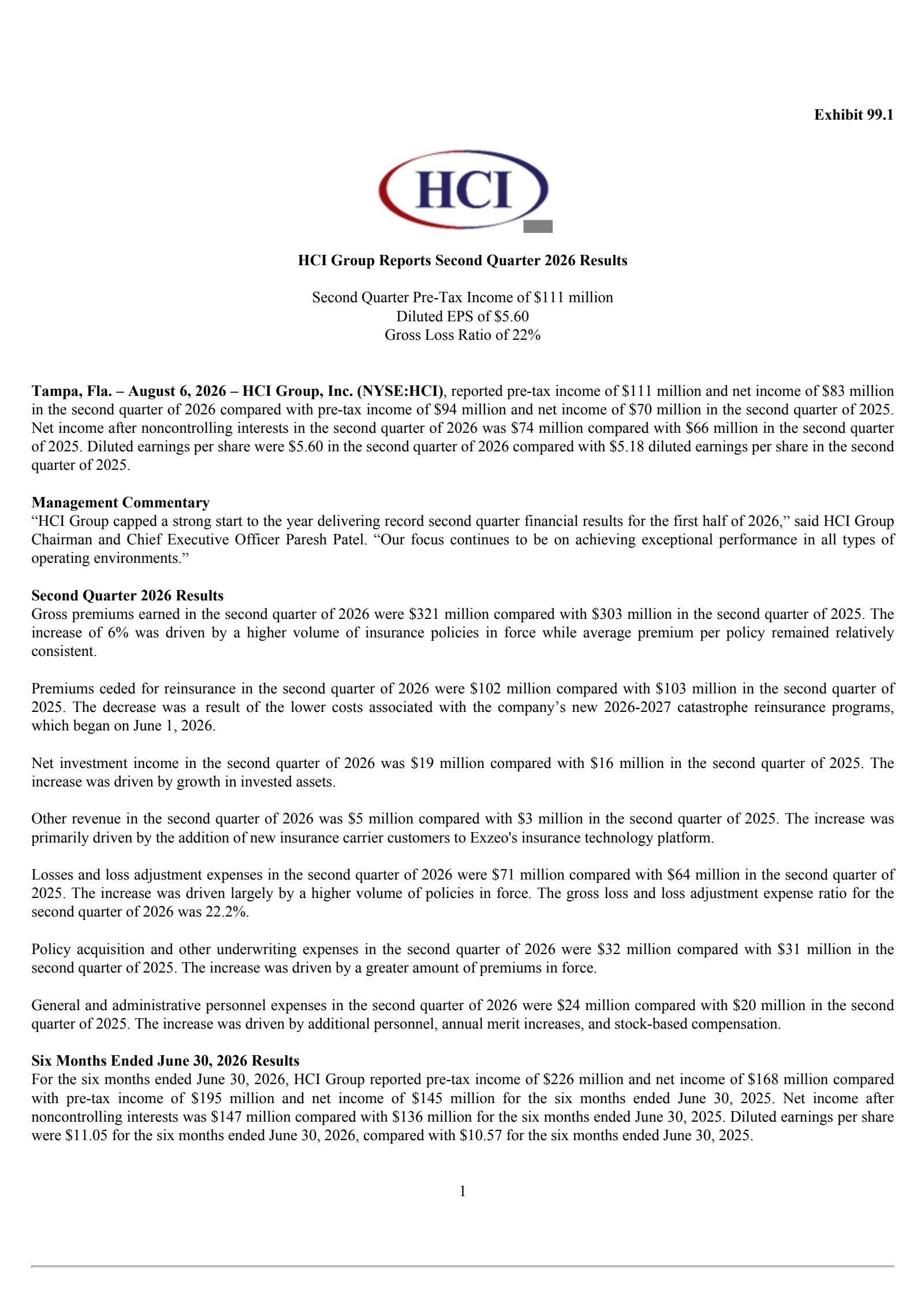 HCI Group's Q2 2026 Press Release