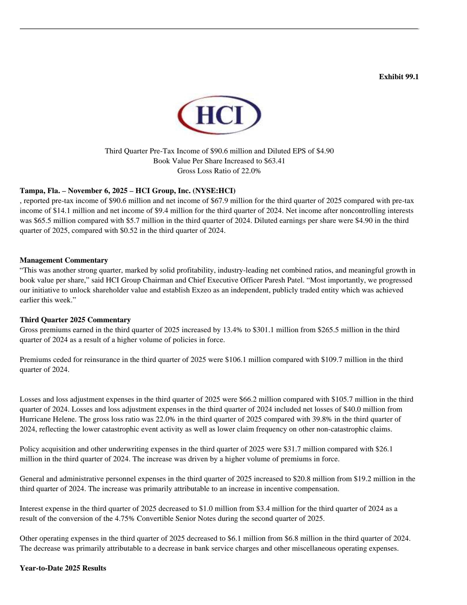 HCI Group's Q3 2025 Earnings Release