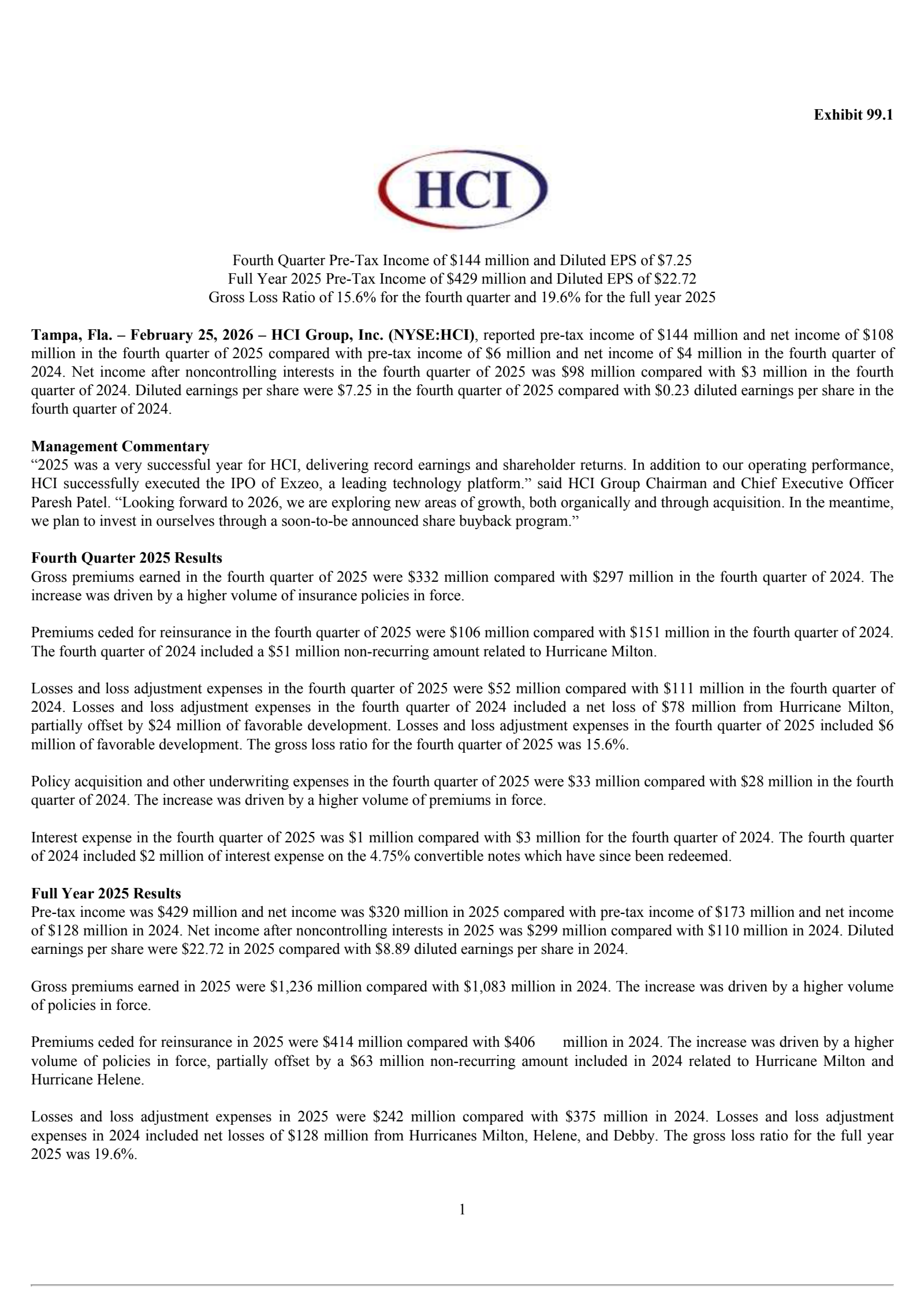 HCI Group's Q4 2025 Press Release