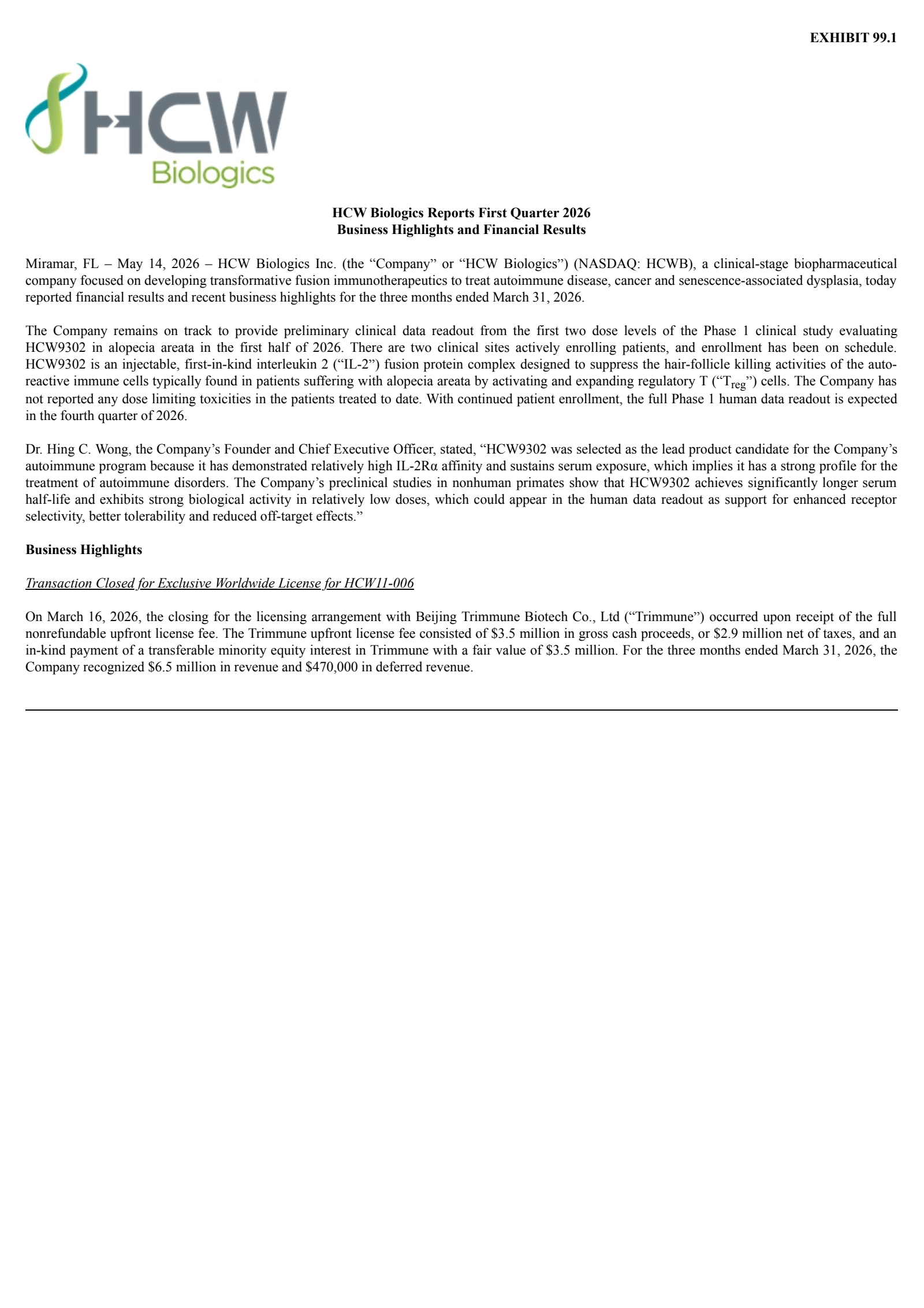 HCW Biologics' Q1 2026 Press Release