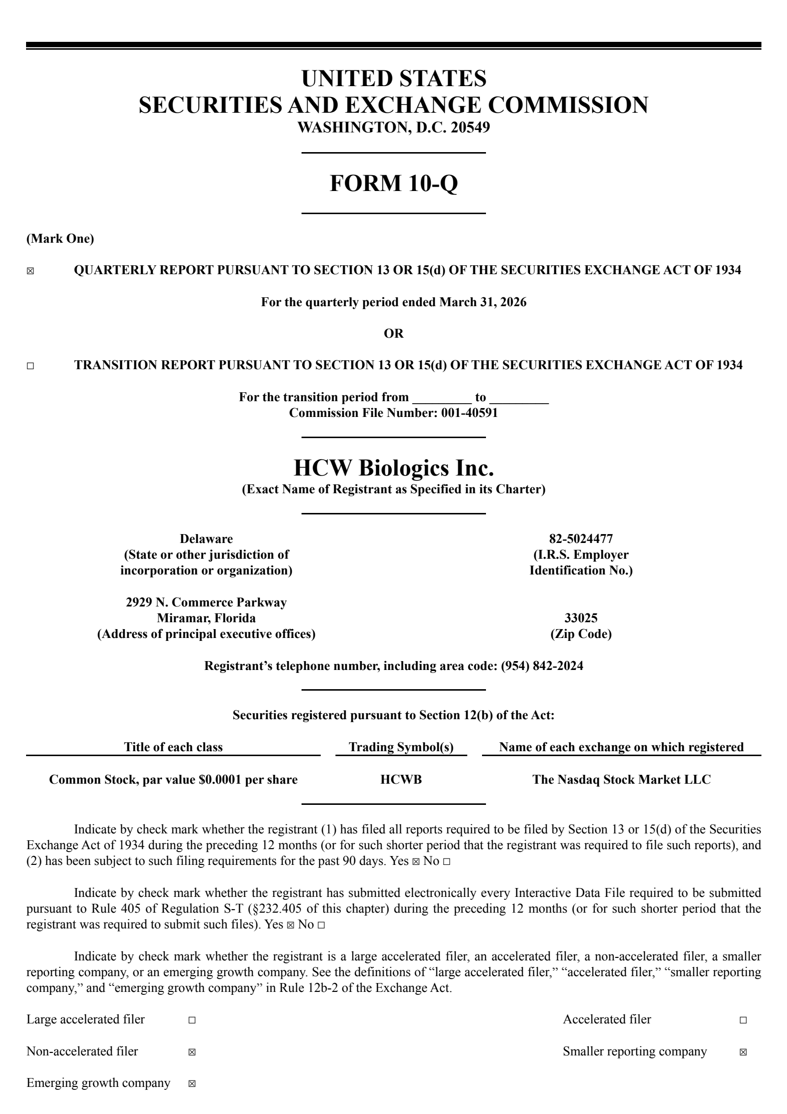 HCW Biologics' Q1 2026 Quarterly report