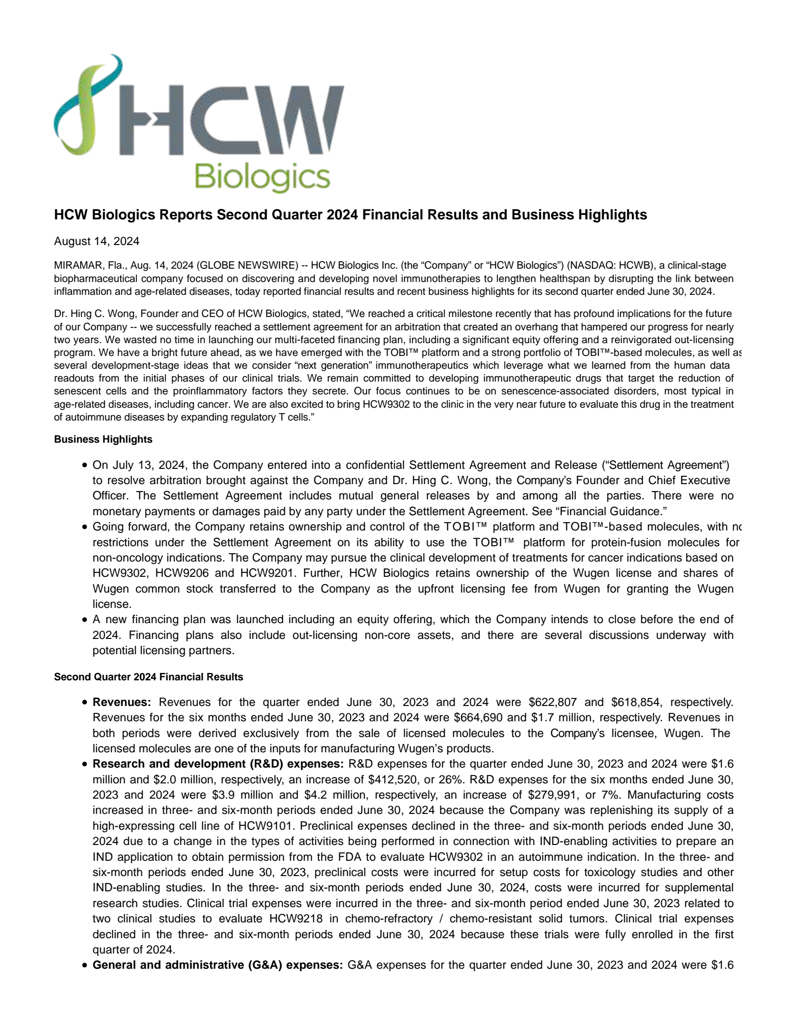 HCW Biologics' Q2 2024 Press Release