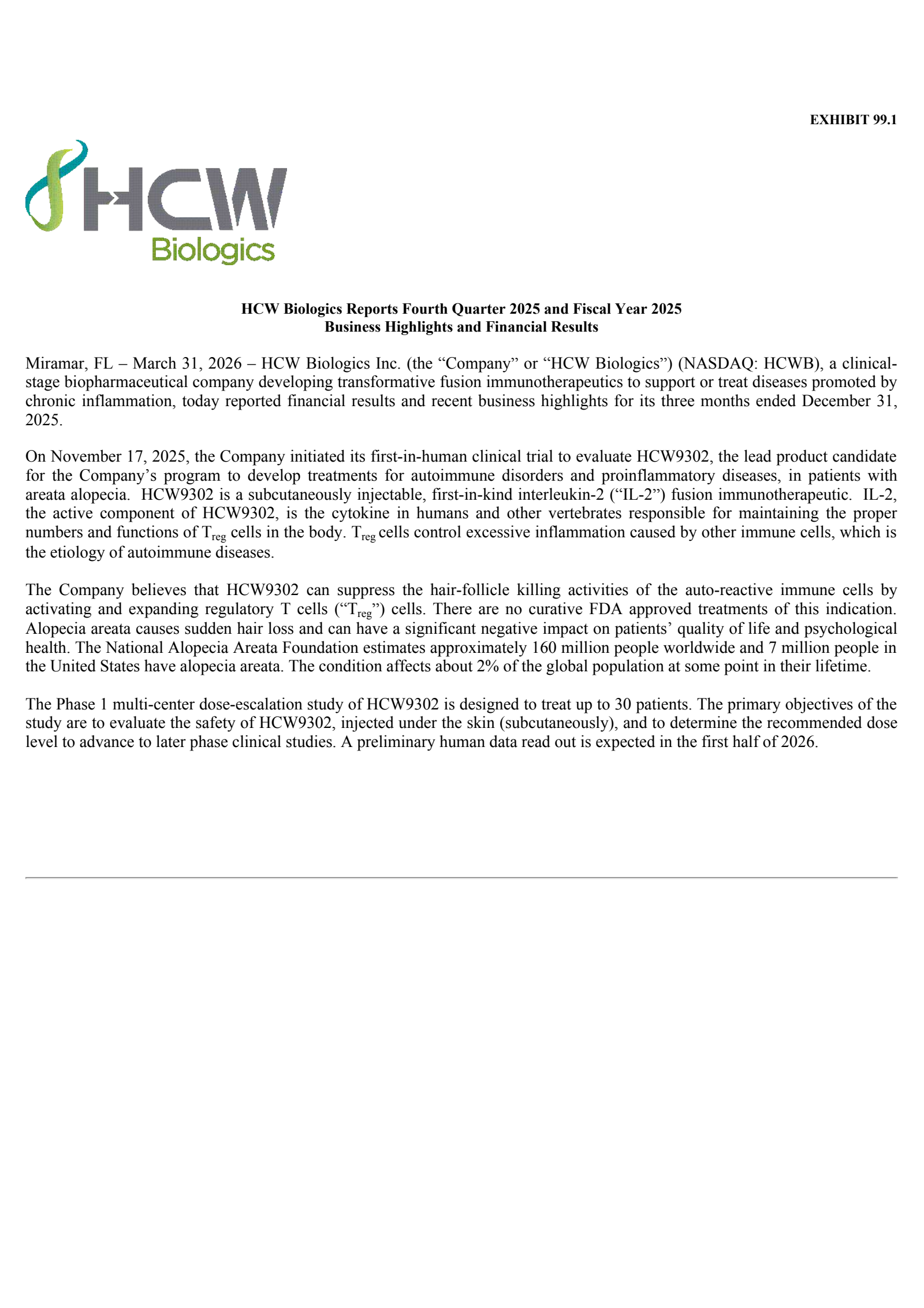 HCW Biologics' Q4 2025 Press Release