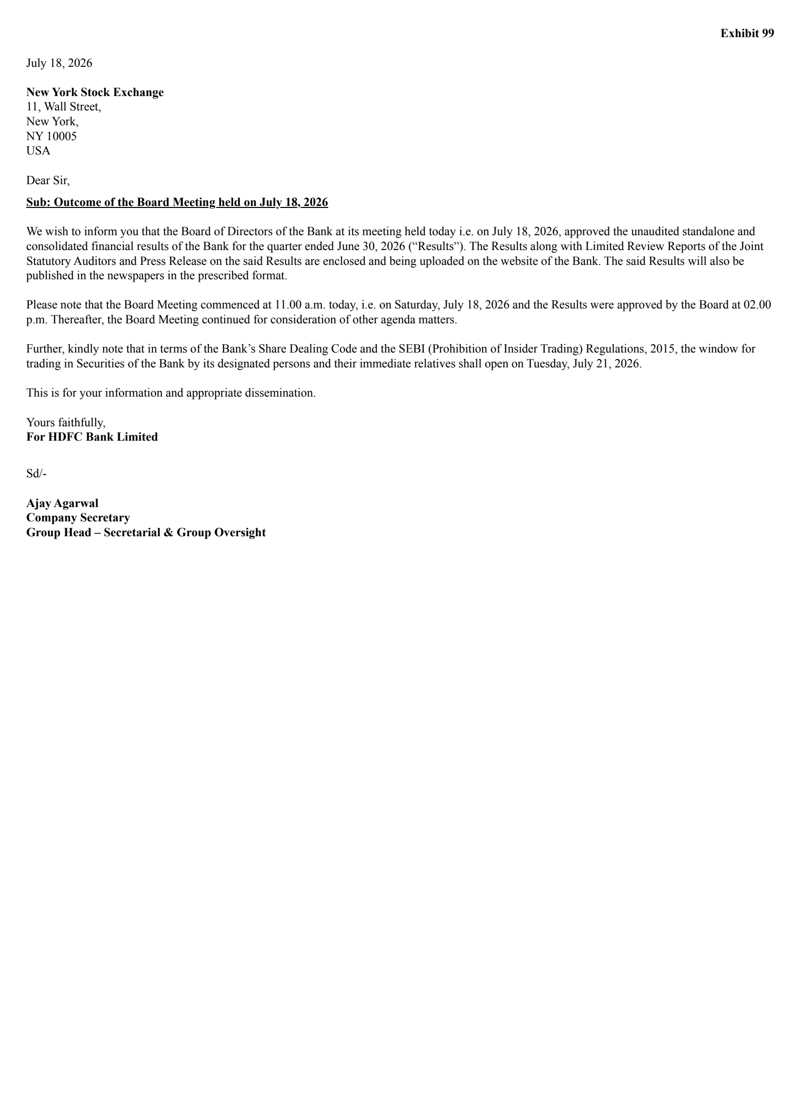 HDFC Bank's Q1 26/27 Press Release