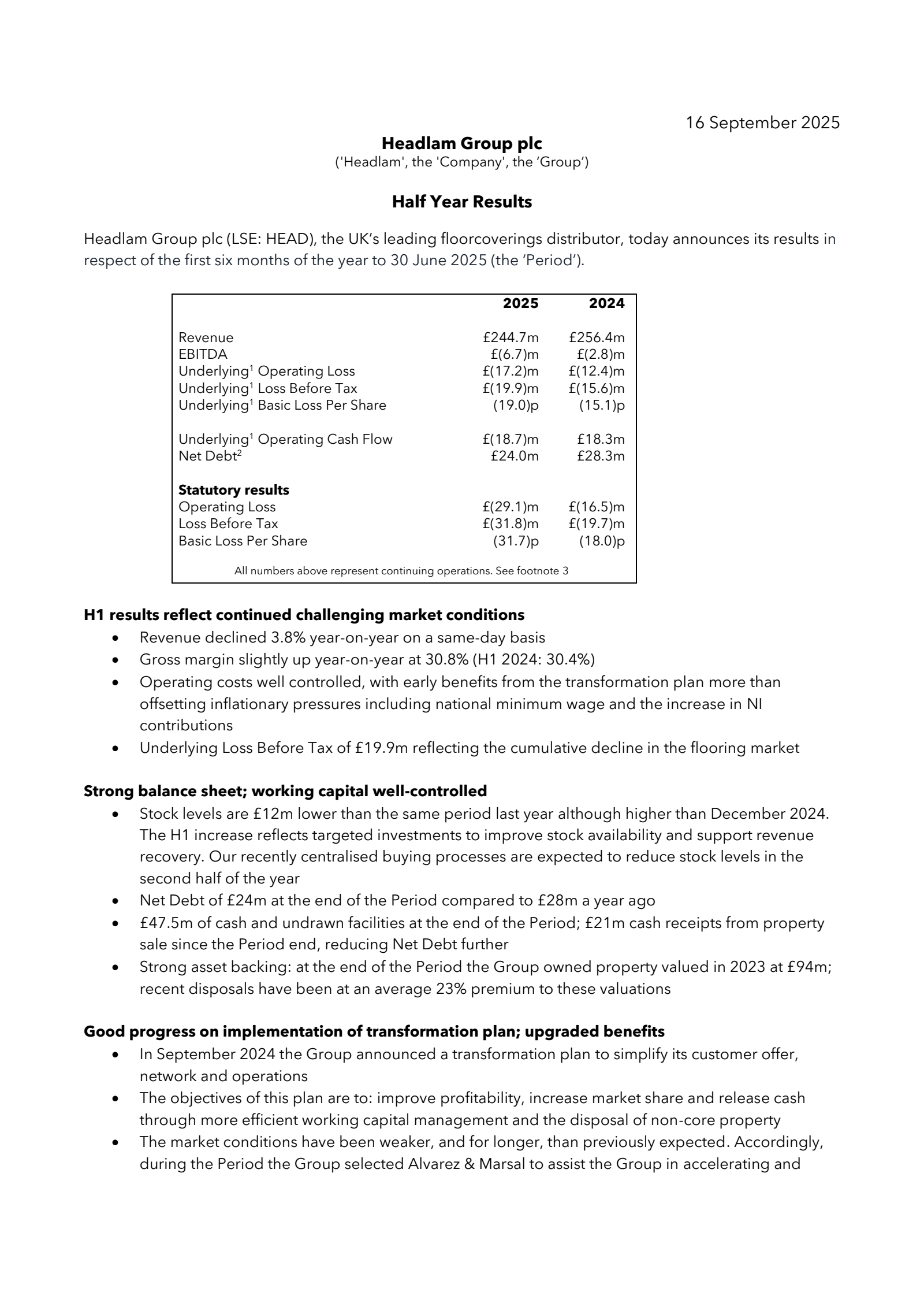 Headlam Group's H1 2025 Interim Report