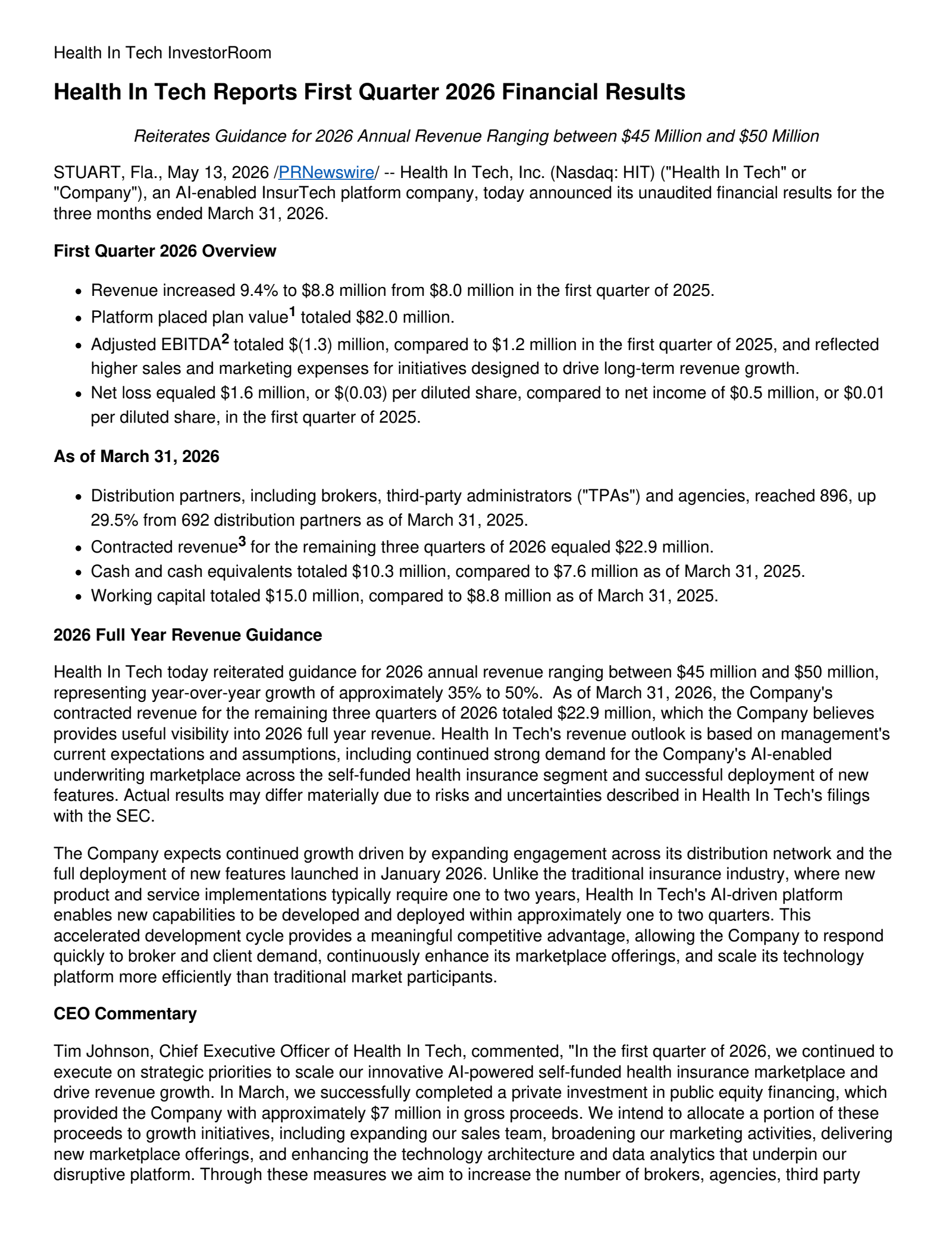 Health In Tech's Q1 2026 Press Release