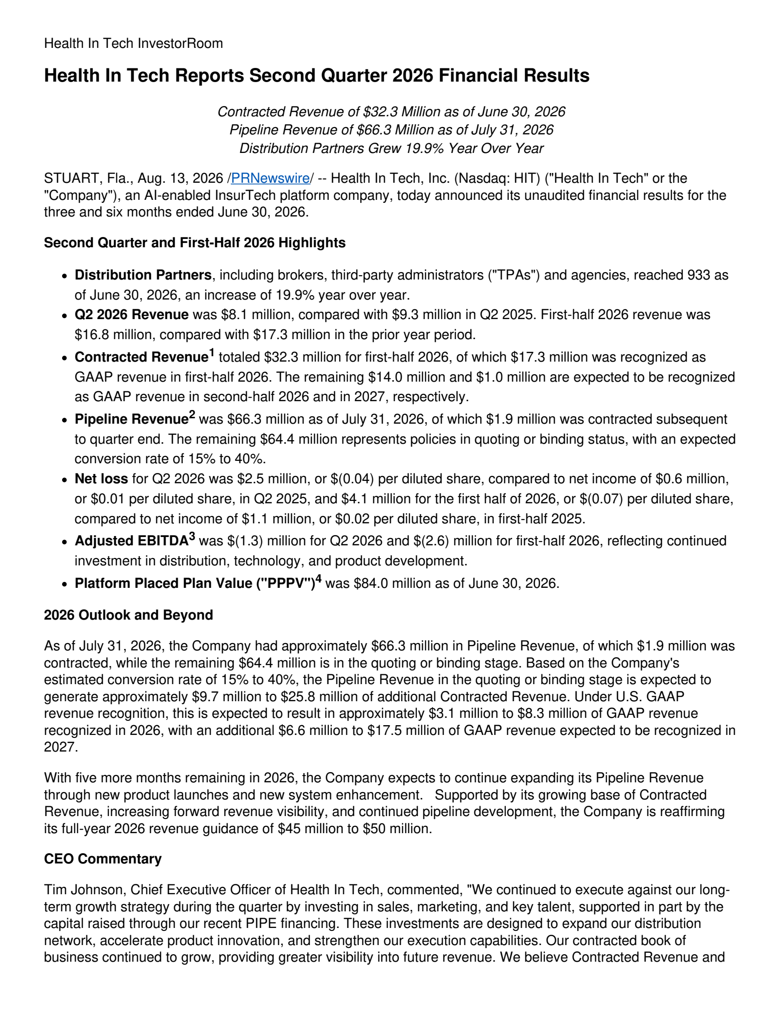 Health In Tech's Q2 2026 Press Release
