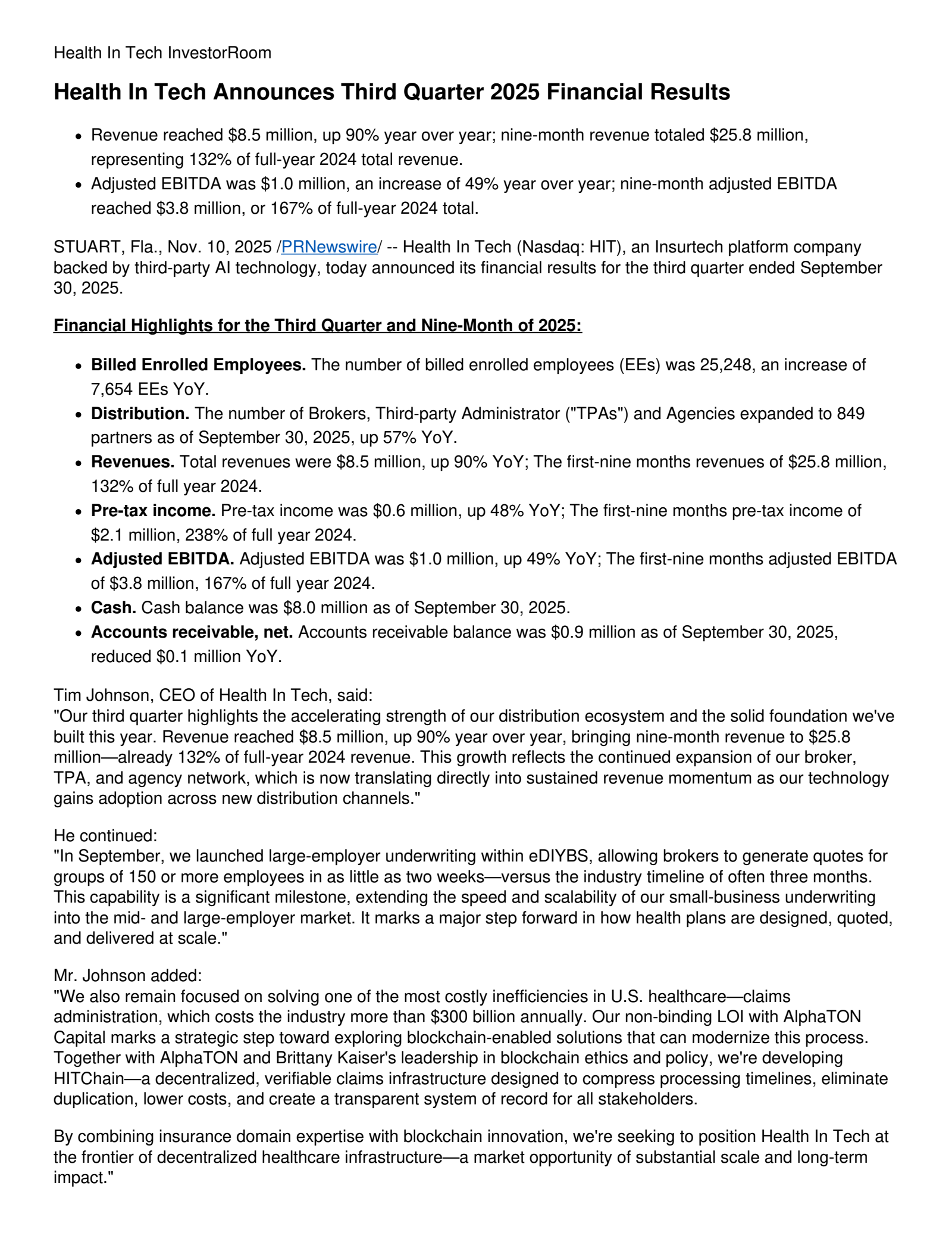 Health In Tech's Q3 2025 Earnings Release