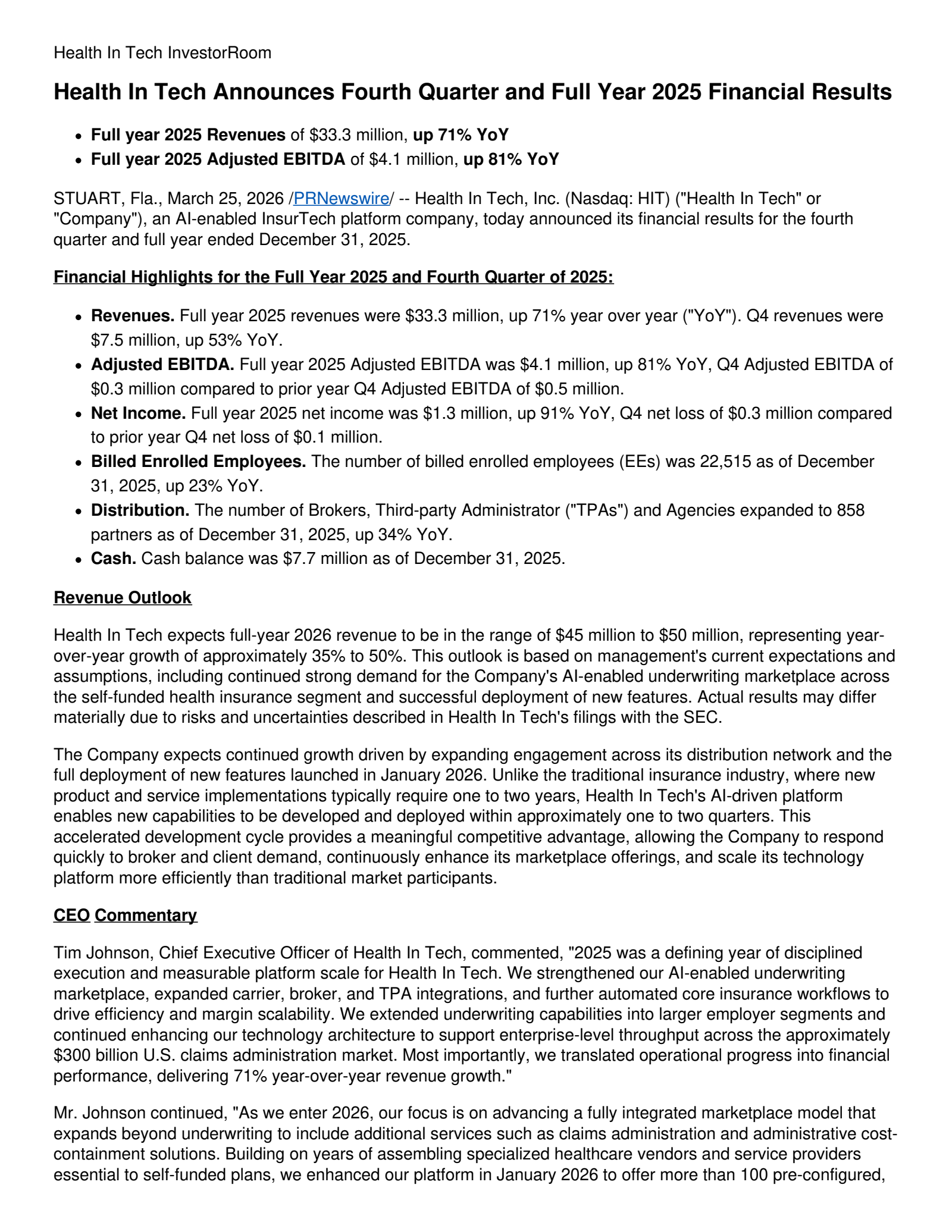 Health In Tech's Q4 2025 Press Release