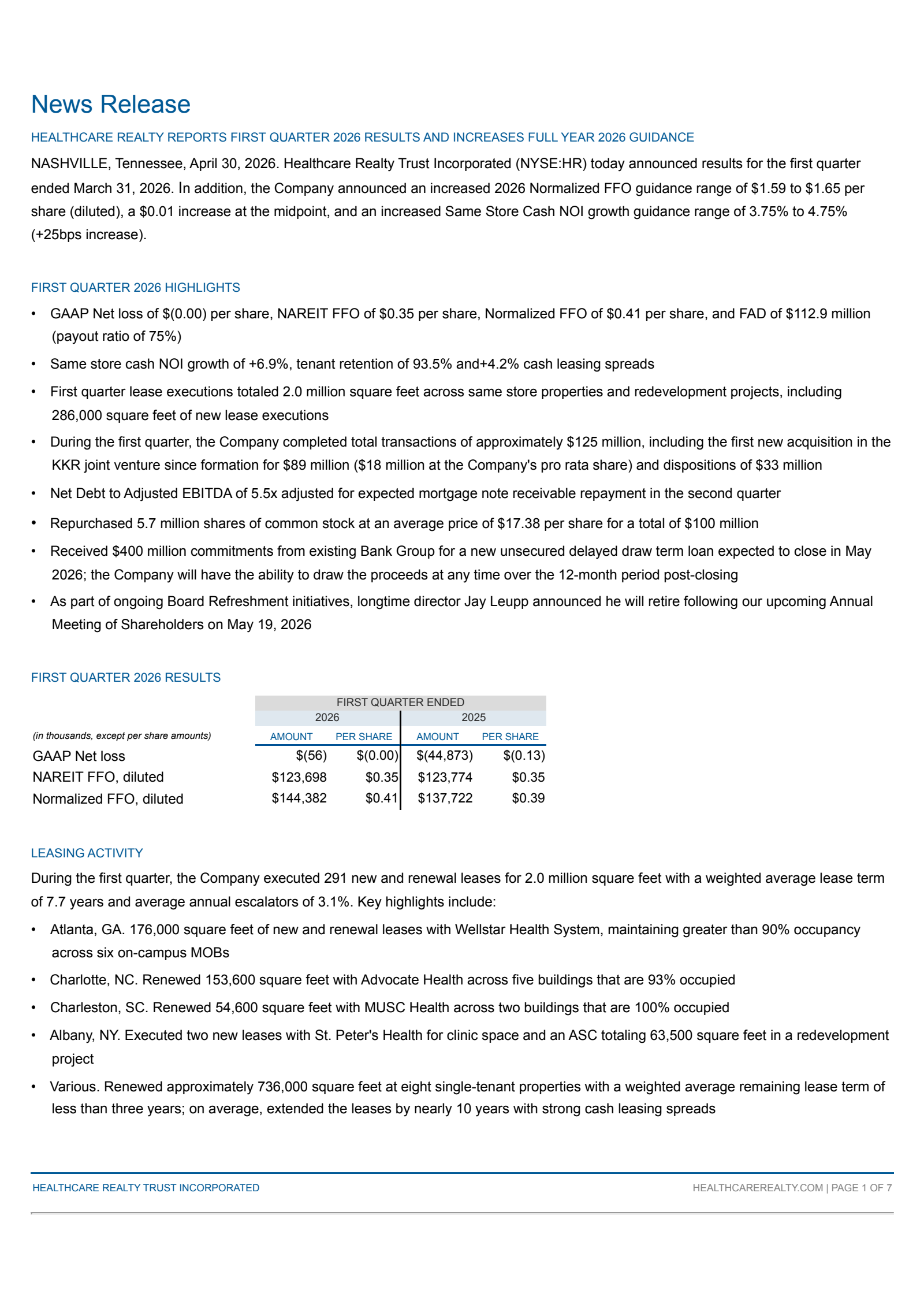 Healthcare Realty Trust's Q1 2026 Press Release