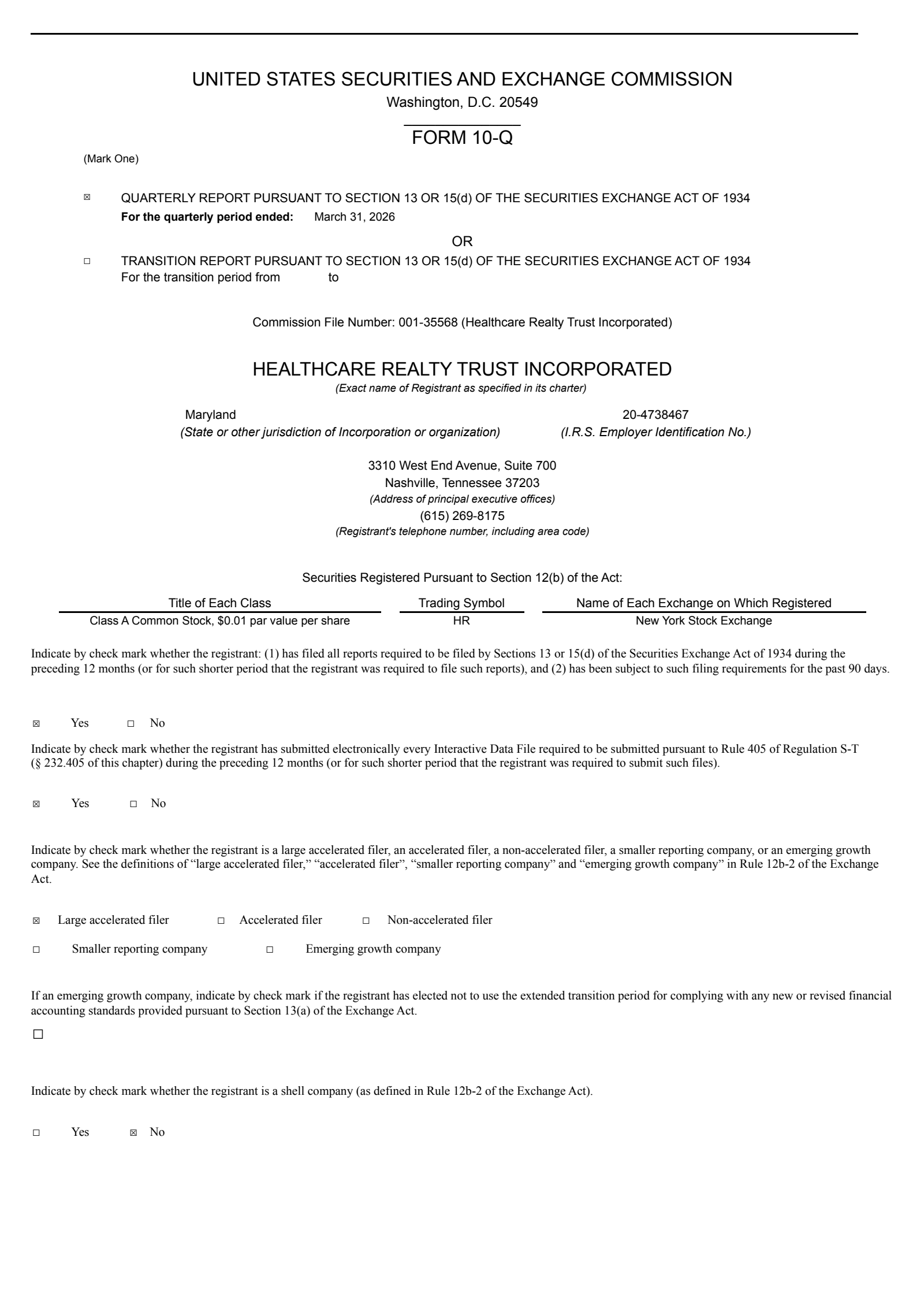 Healthcare Realty Trust's Q1 2026 Quarterly report