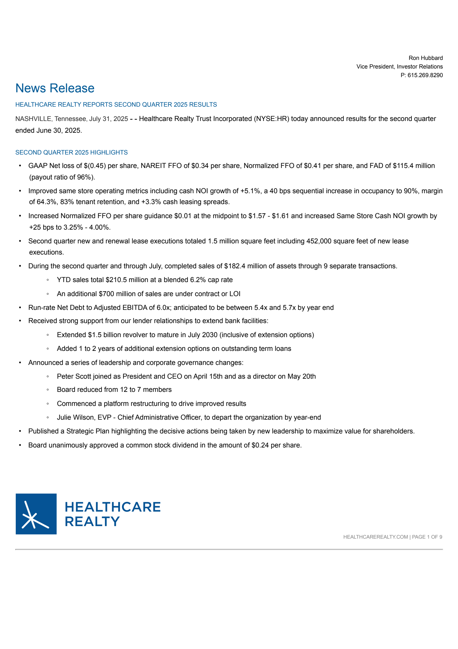 Healthcare Realty Trust's Q2 2025 Press Release