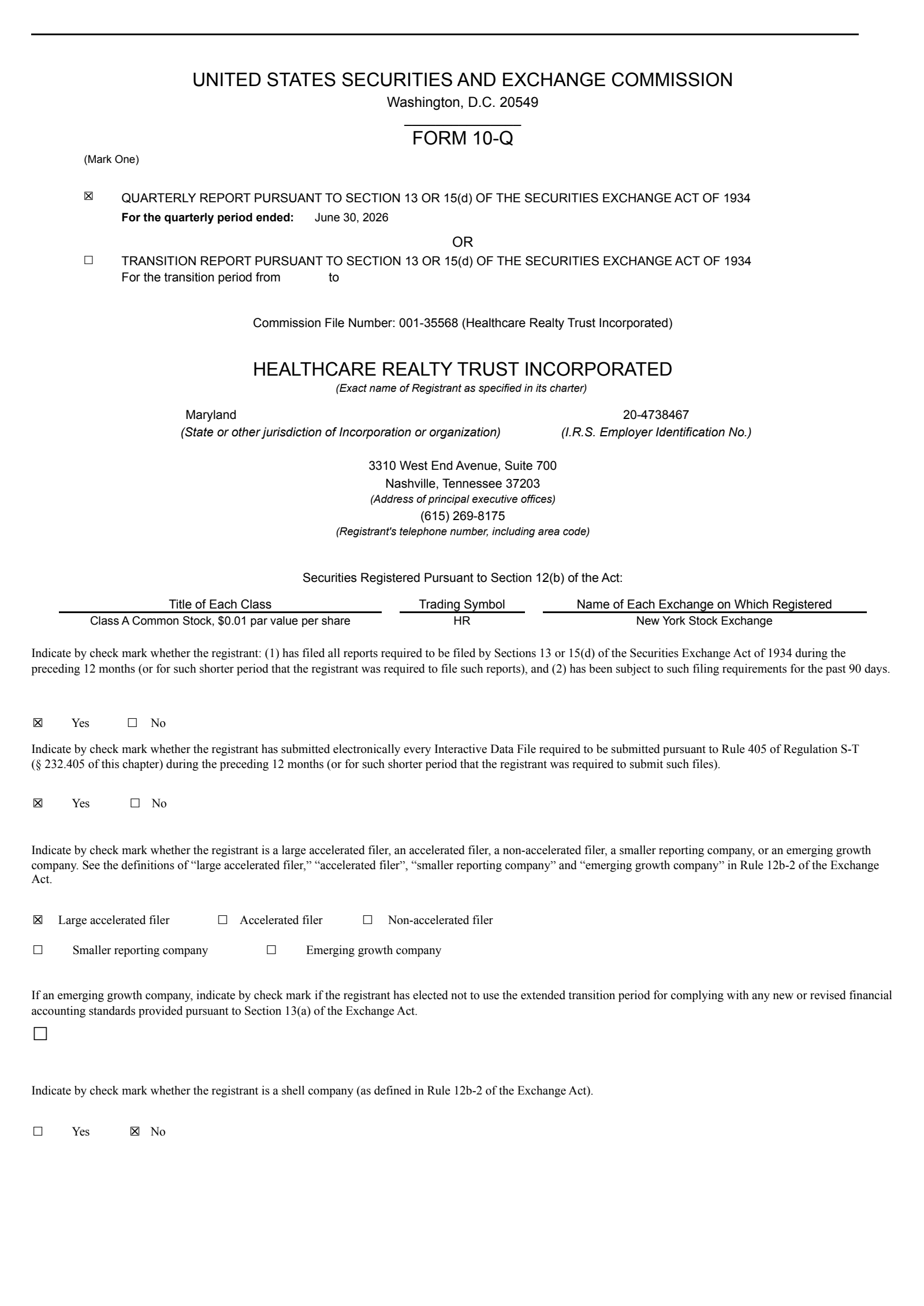 Healthcare Realty Trust's Q2 2026 Quarterly report