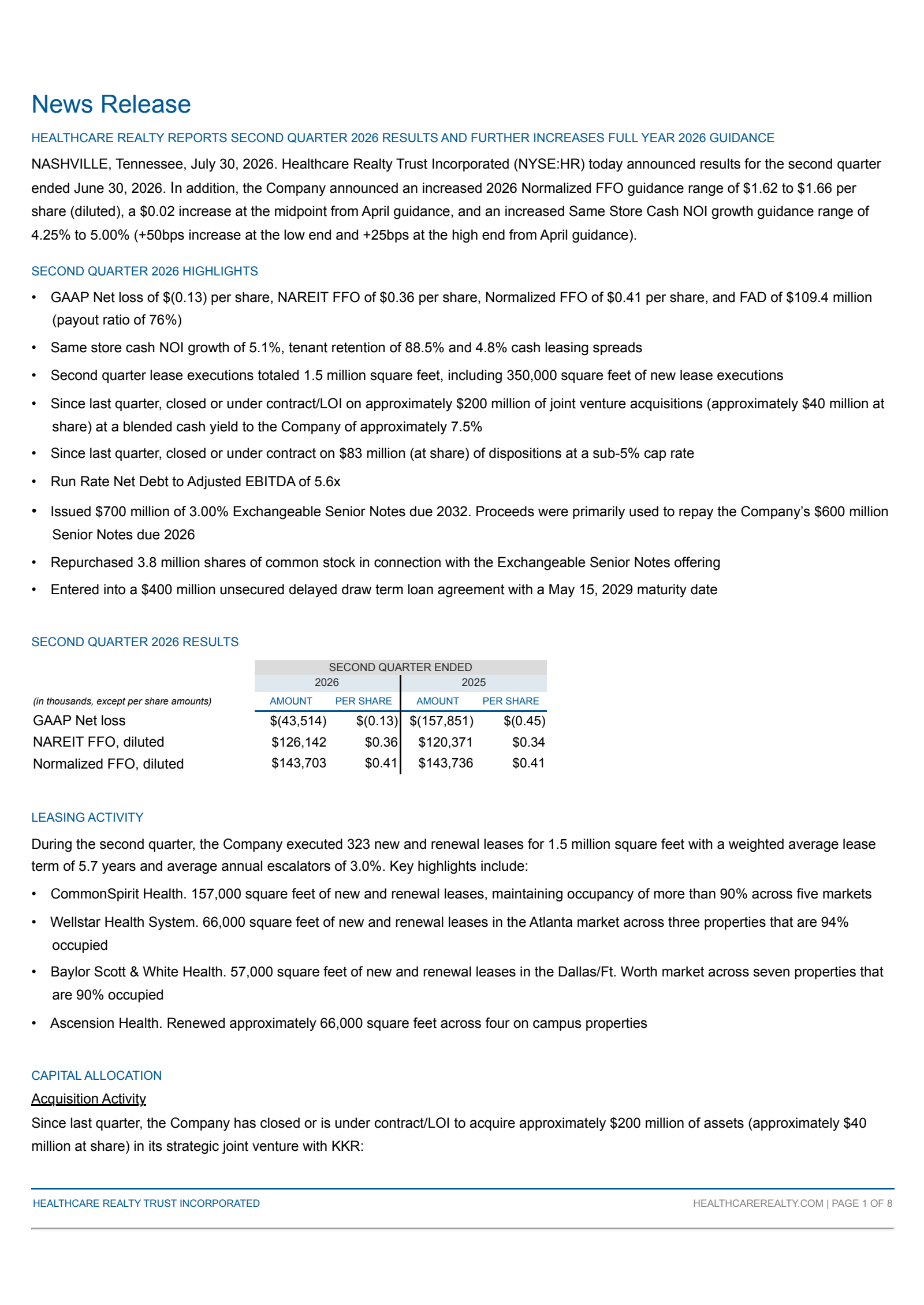 Healthcare Realty Trust's Q2 2026 Press Release